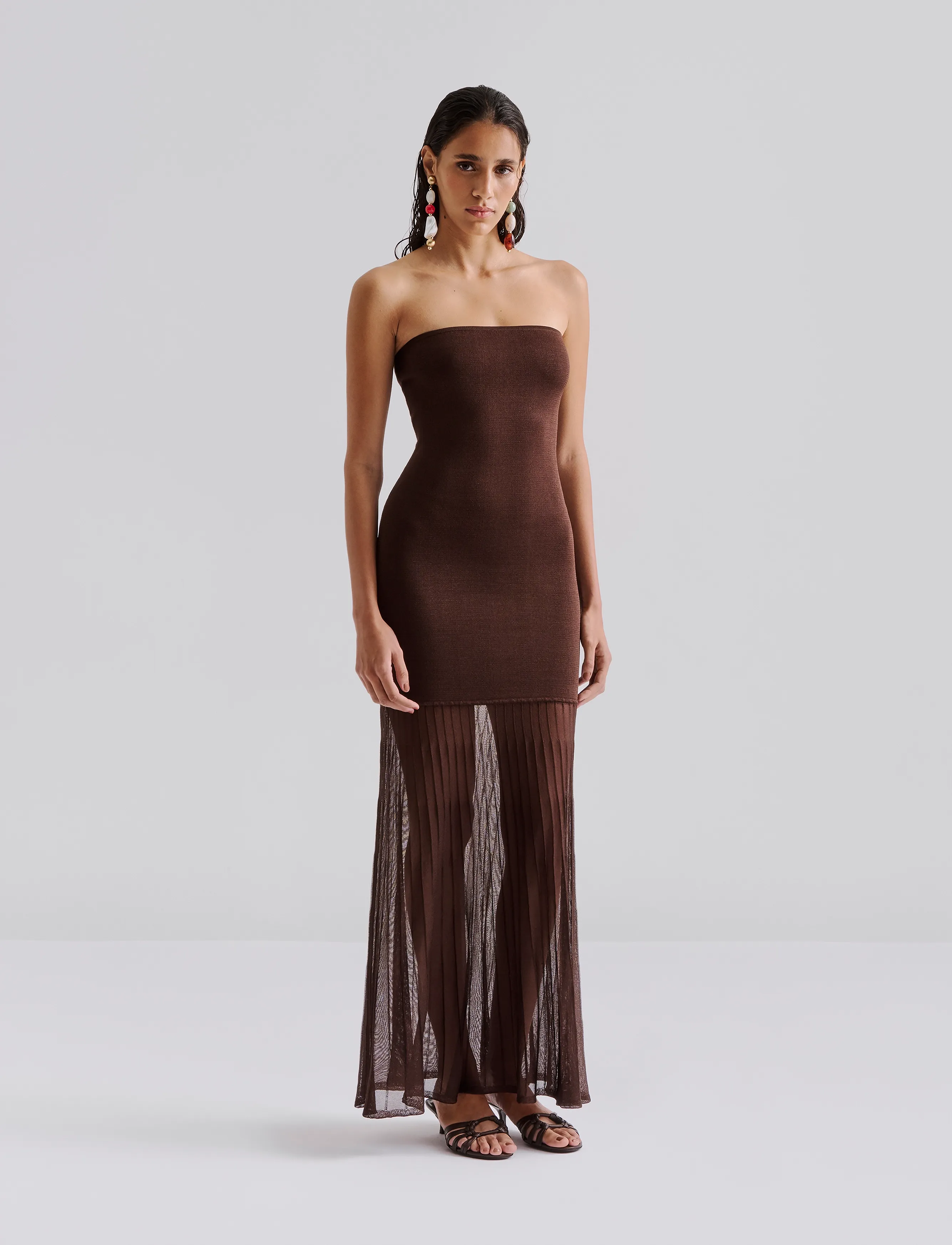 Malina Isola Drop Waist Sheer Knitted Dress, XL, Brown, Designere > Maxi Dress, Dame