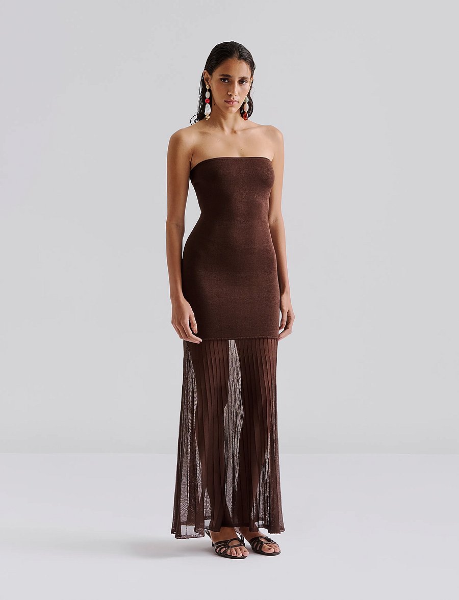 Malina - Isola Drop Waist Sheer Knitted Dress - strikkjoler - chocolate - 0