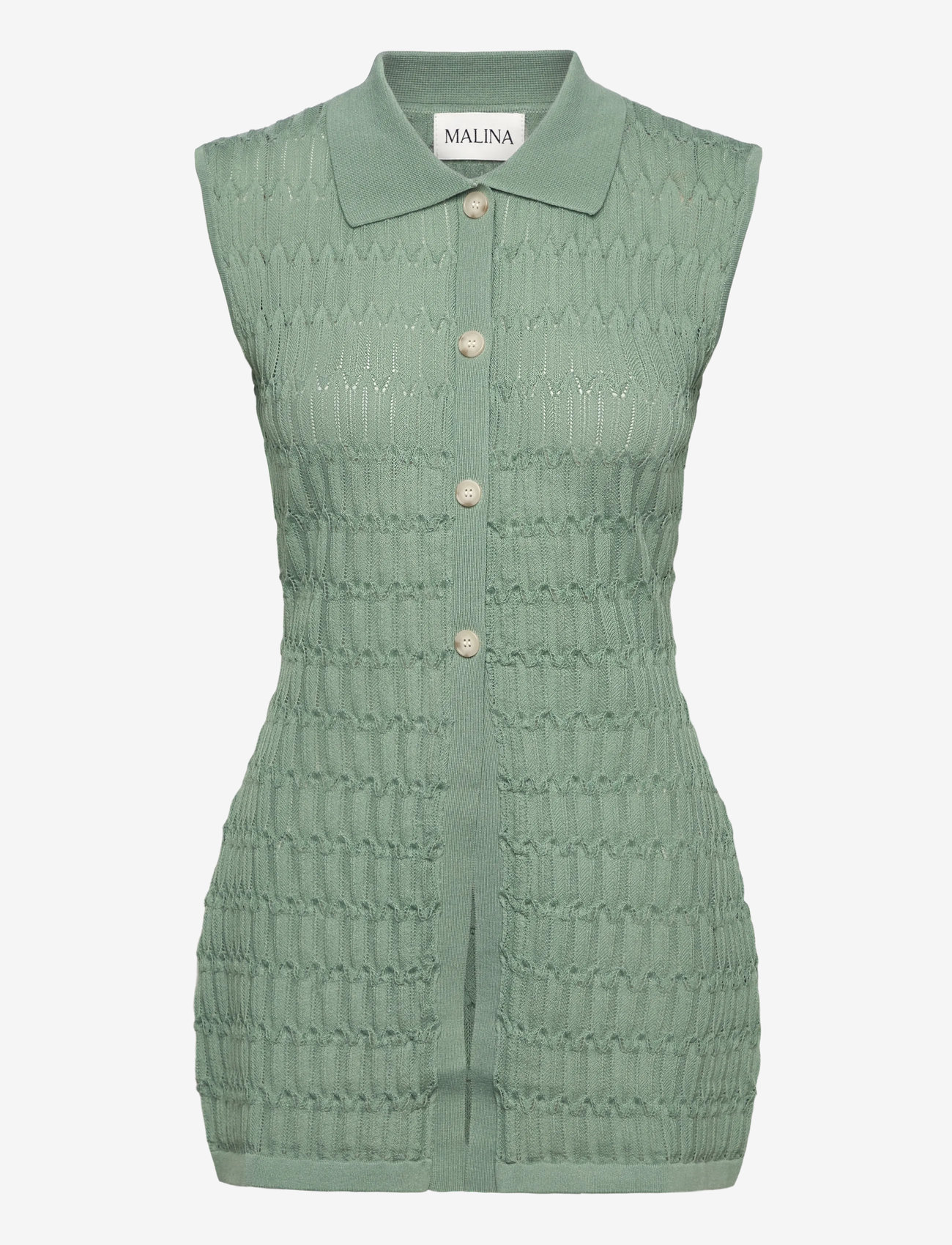 Malina - Hele Long Structure Knitted Vest - prjónavesti - sage - 1