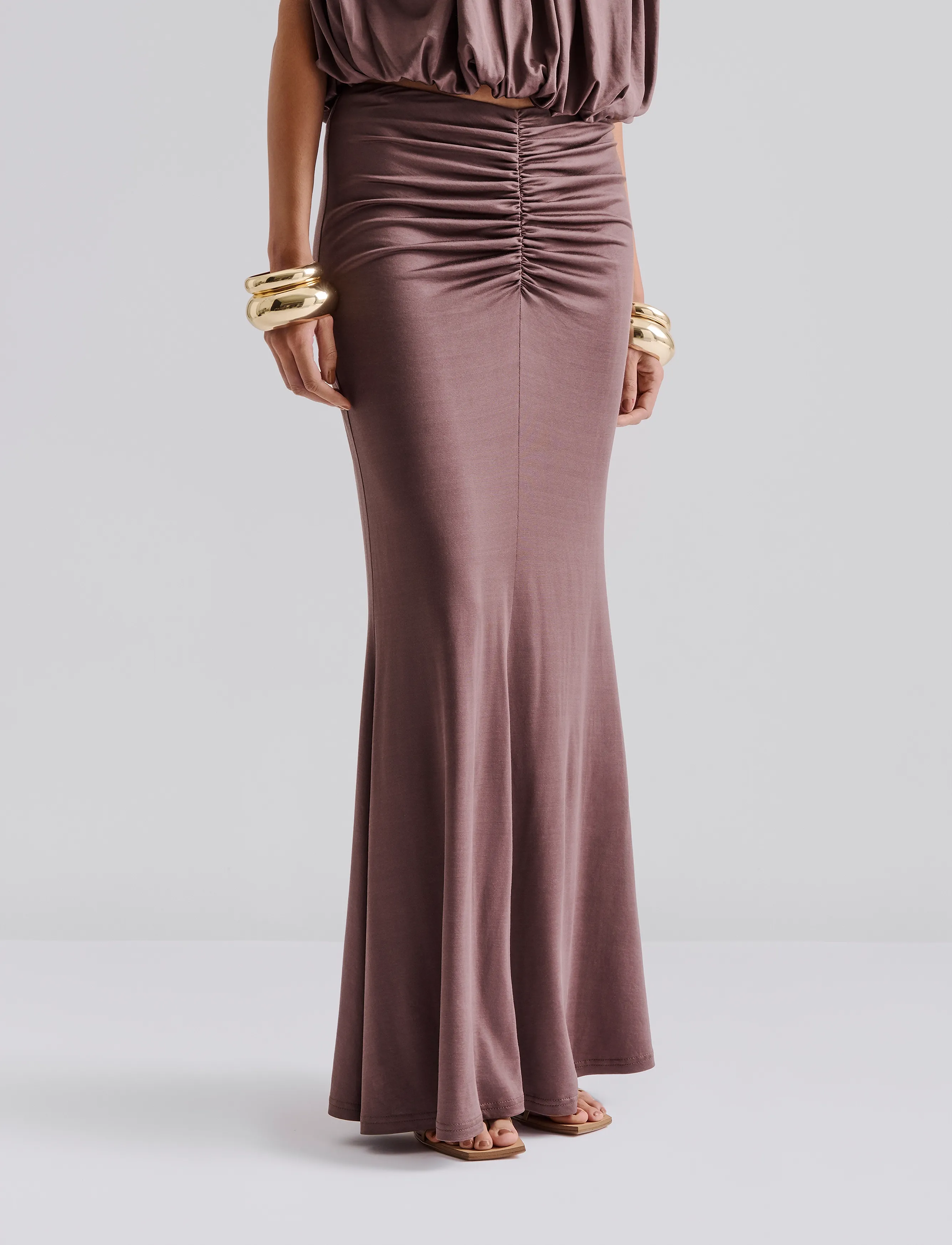 Malina Majori Ruched Jersey Maxi Skirt - Maxi Röcke - CHOCOLATE / brown
