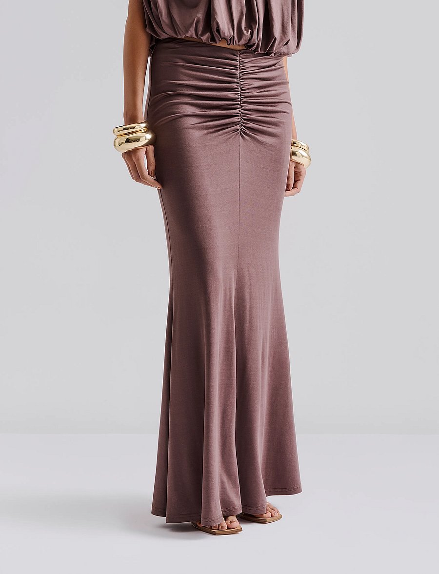 Malina - Majori Ruched Jersey Maxi Skirt - satino sijonai - chocolate - 0