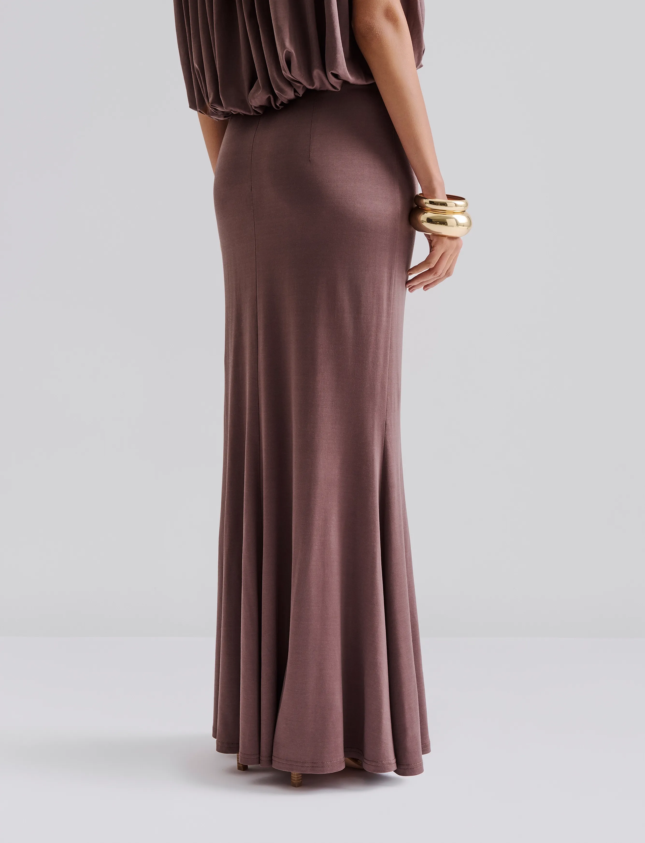 Malina - Majori Ruched Jersey Maxi Skirt - satin skirts - chocolate - 3