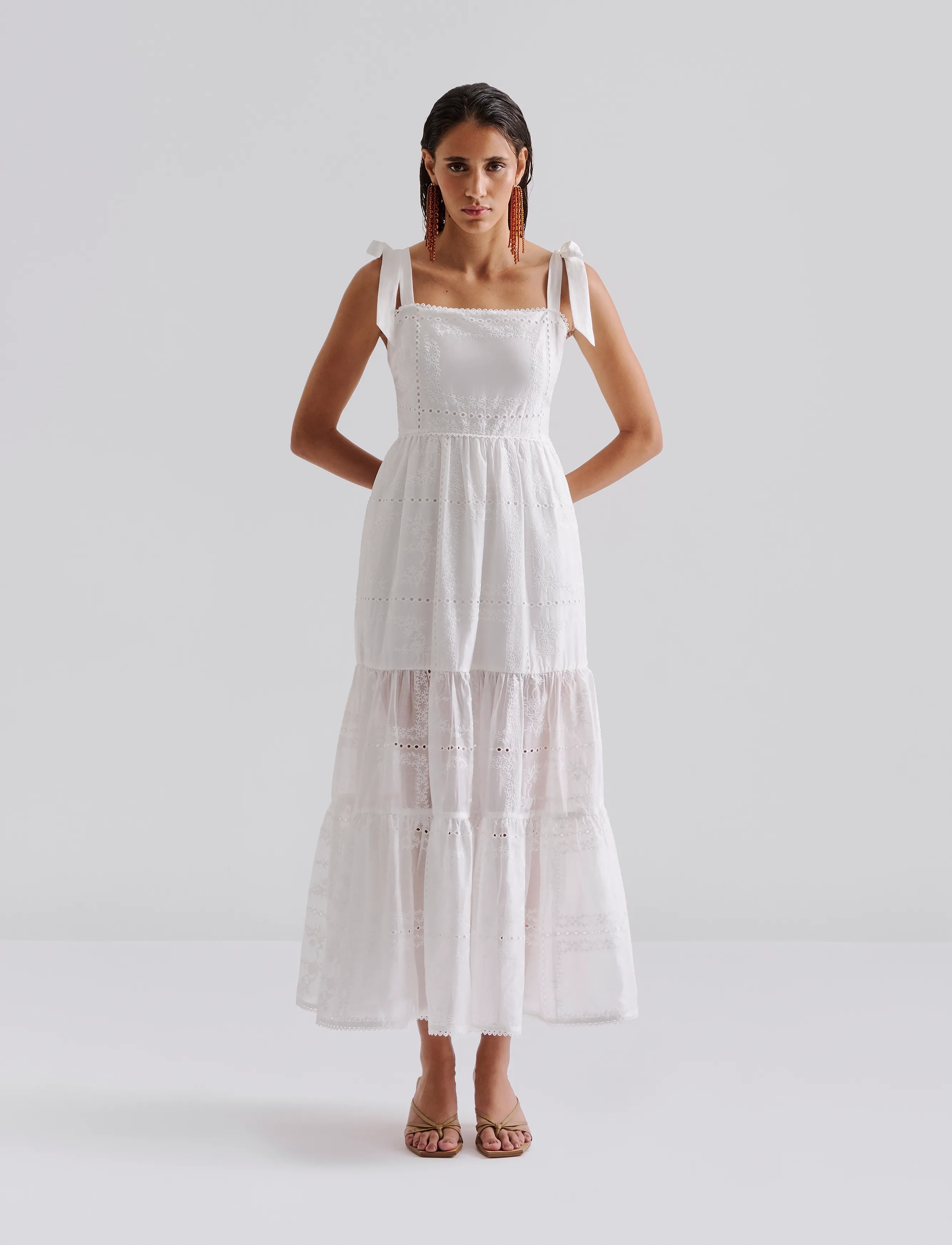 Malina Adri Embroidered Tie Strap Maxi Dress, 44, White, Designere > Summer Dresses, Dame