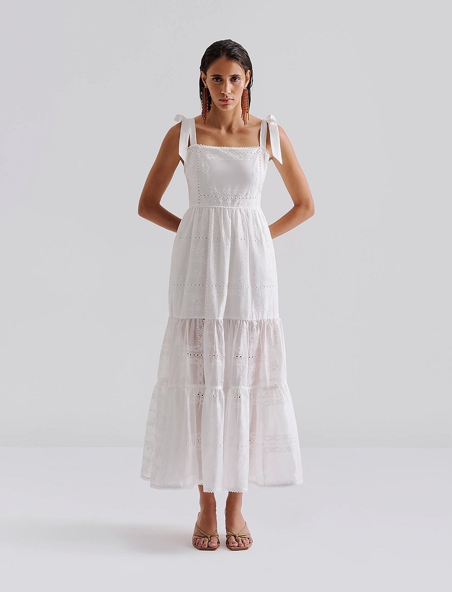 Malina - Adri Embroidered Tie Strap Maxi Dress - ferming - white - 0