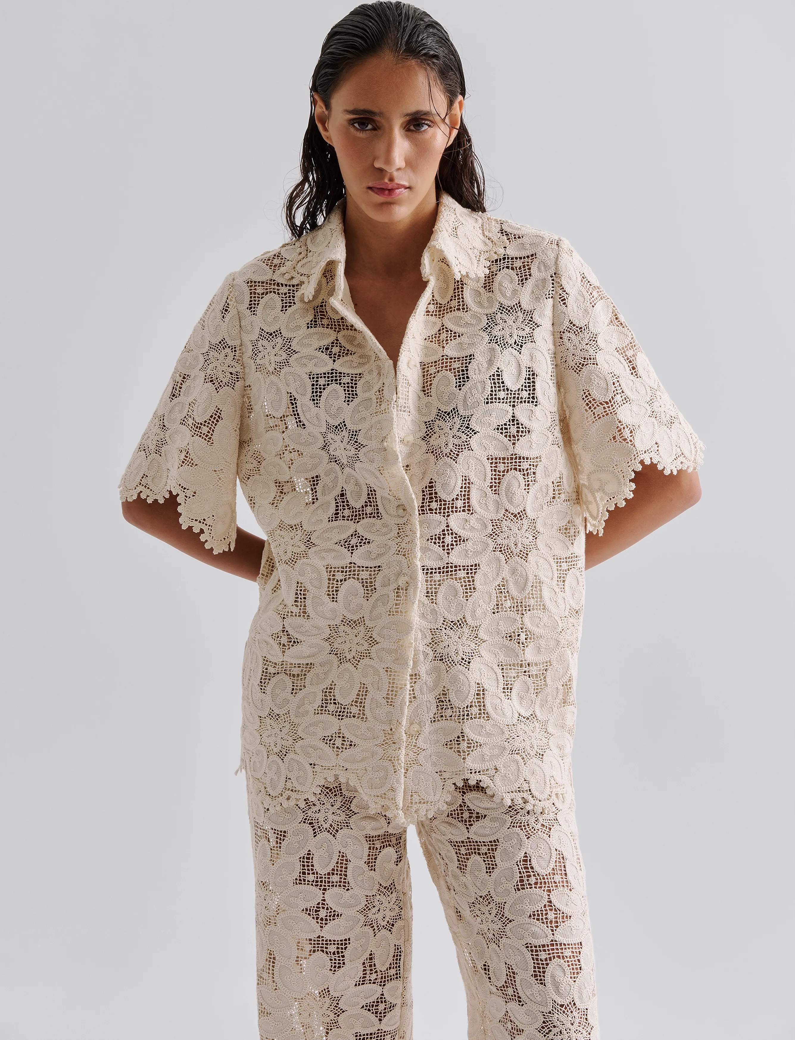 Malina Ari Guipure Lace Shirt, 40, Cream, Skjorter > Kortærmede, Dame