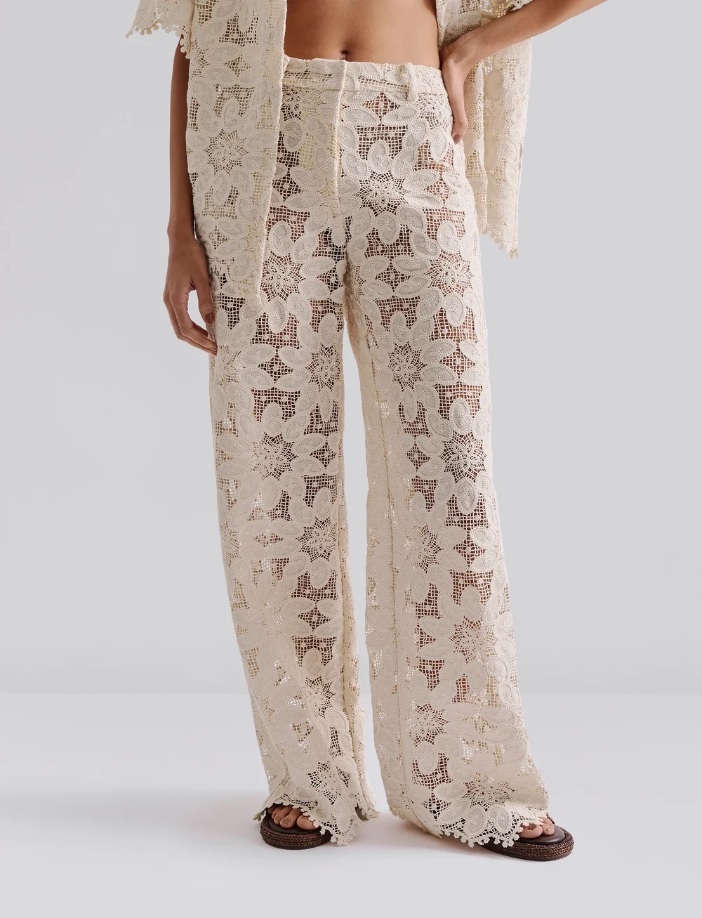 Malina - Natalina Guipure Lace Pants - bukser med lige ben - sand - 0
