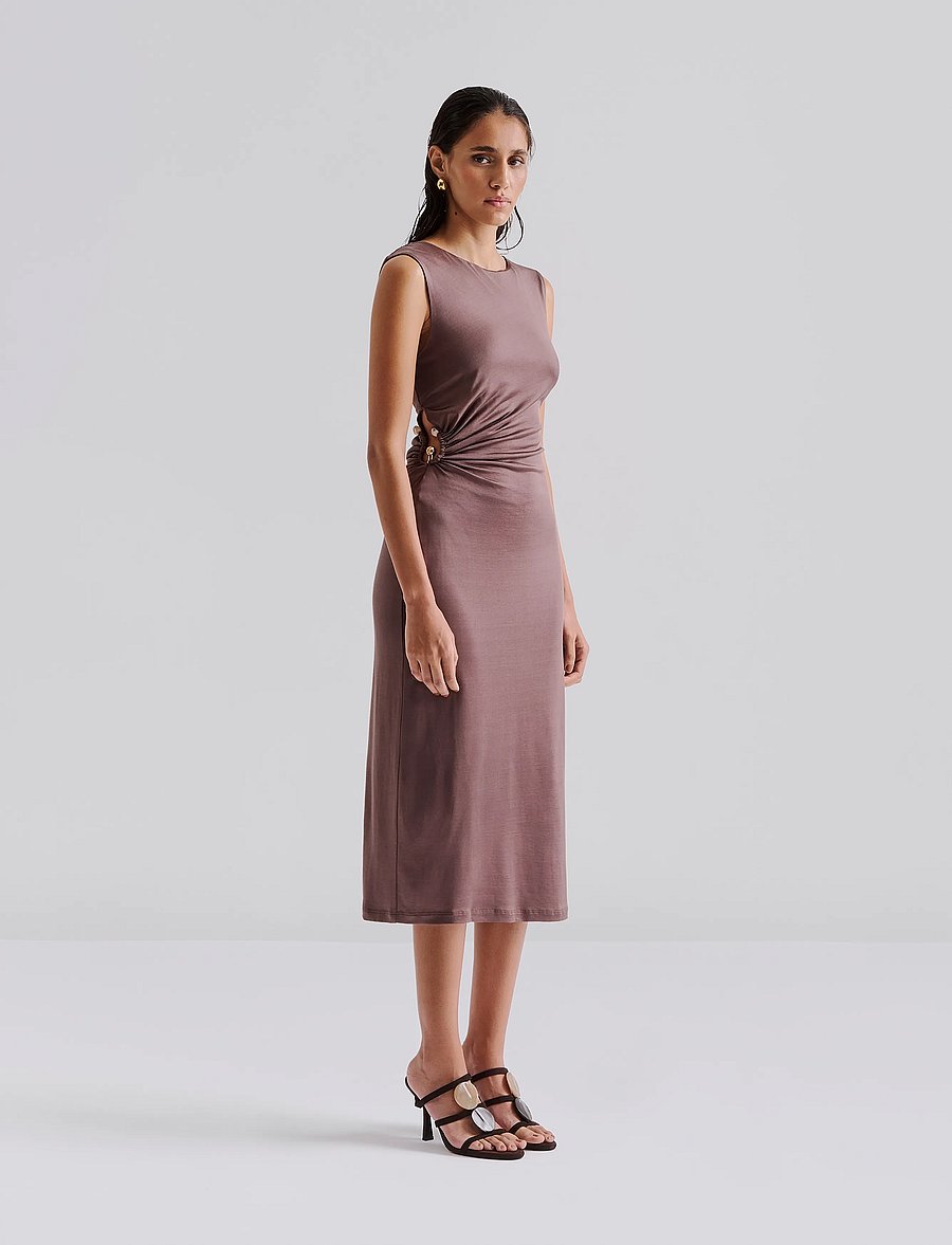 Malina - Marquis Ruched Cut Out Jersey Midi Dress - robes de cocktail - chocolate - 0