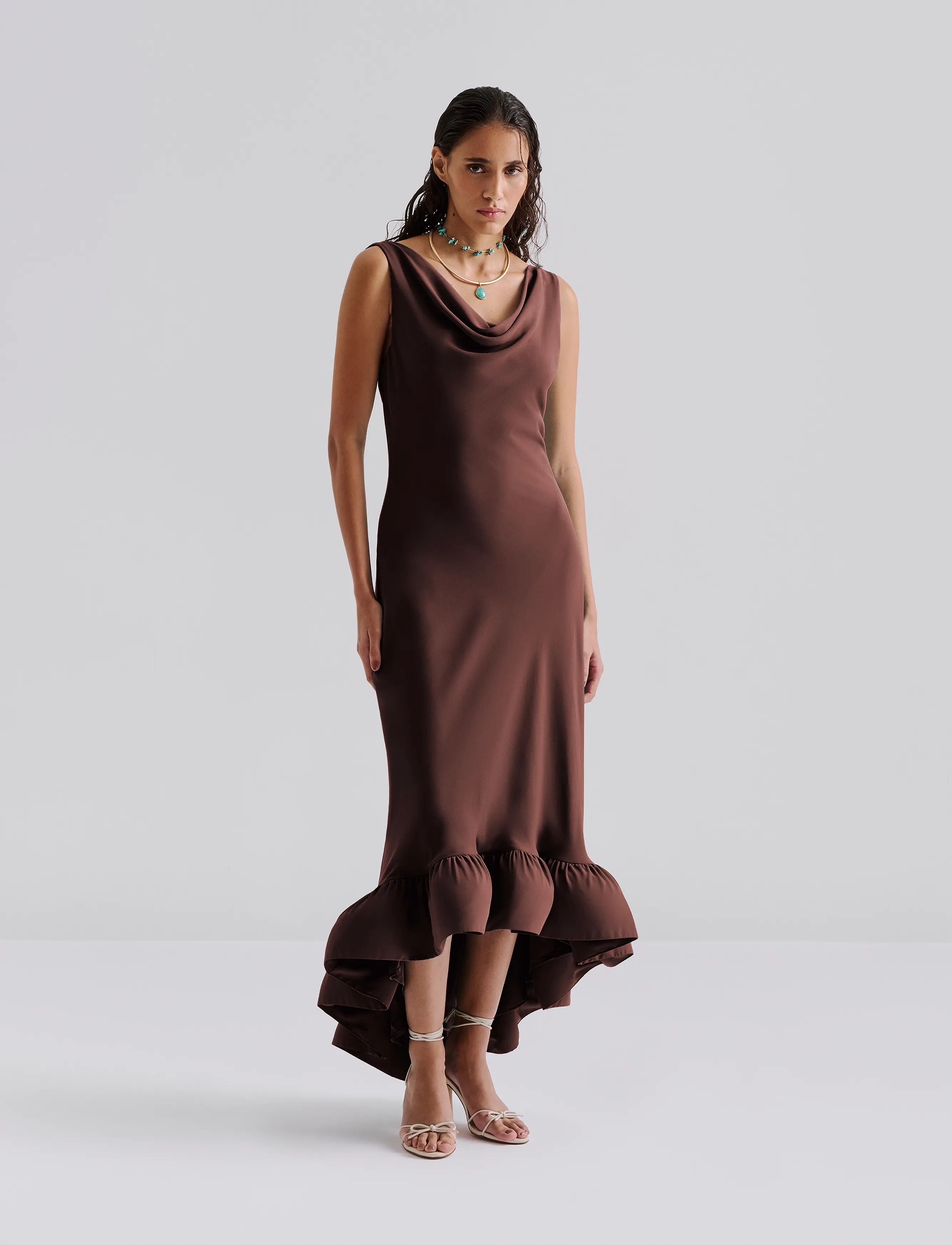 Malina Alia Cowl Neck Ruffled Maxi Dress, 36, Dresses, Braun - Knee-length & Midi, Frauen
