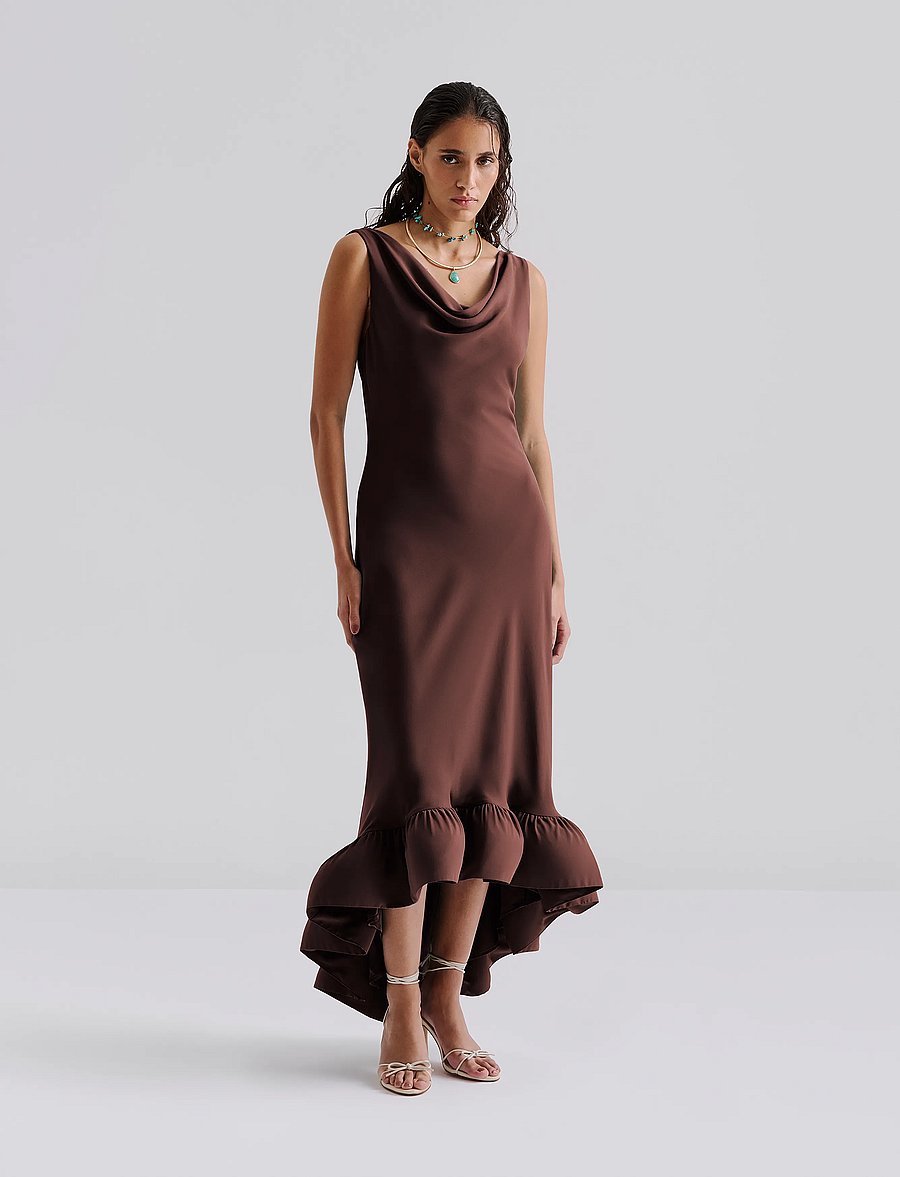 Malina - Alia Cowl Neck Ruffled Maxi Dress - aftonklänningar - chocolate - 0