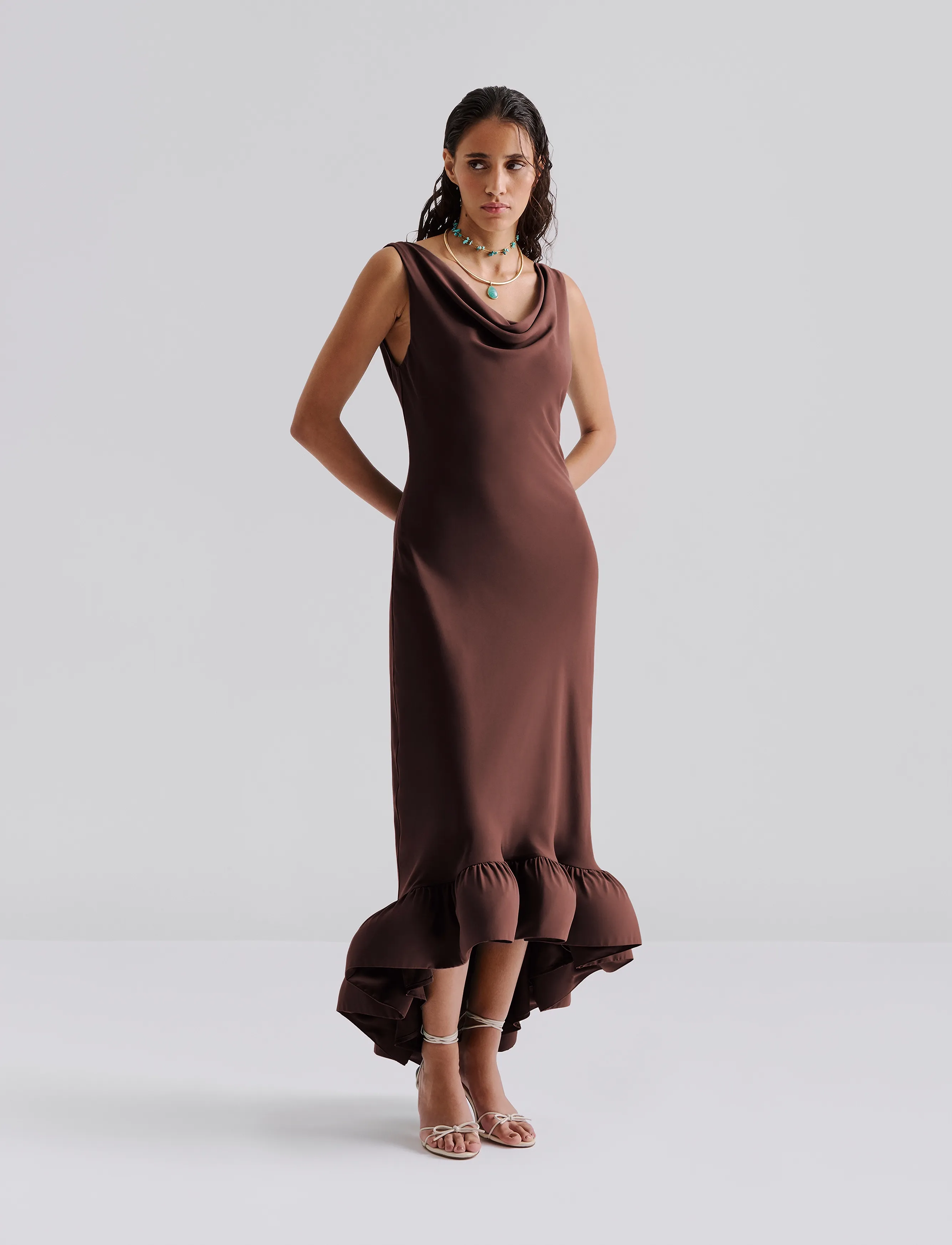 Malina - Alia Cowl Neck Ruffled Maxi Dress - Õhtukleidid - chocolate - 4