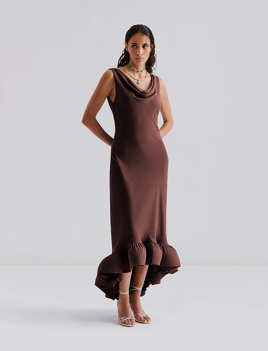 Malina - Alia Cowl Neck Ruffled Maxi Dress - aftonklänningar - chocolate - 4