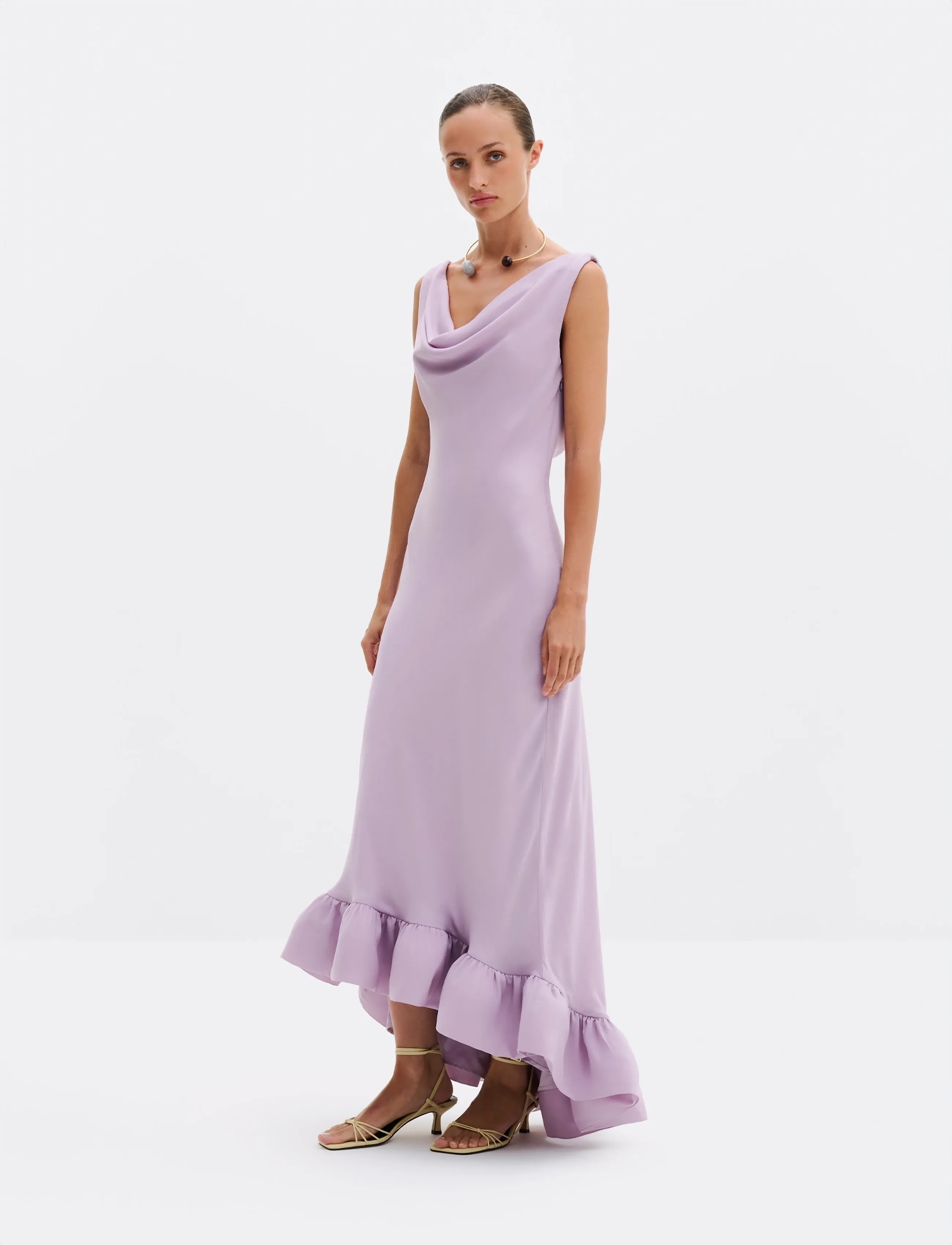 Malina Alia Cowl Neck Ruffled Maxi Dress - Tøj - LAVENDER / pink/rose