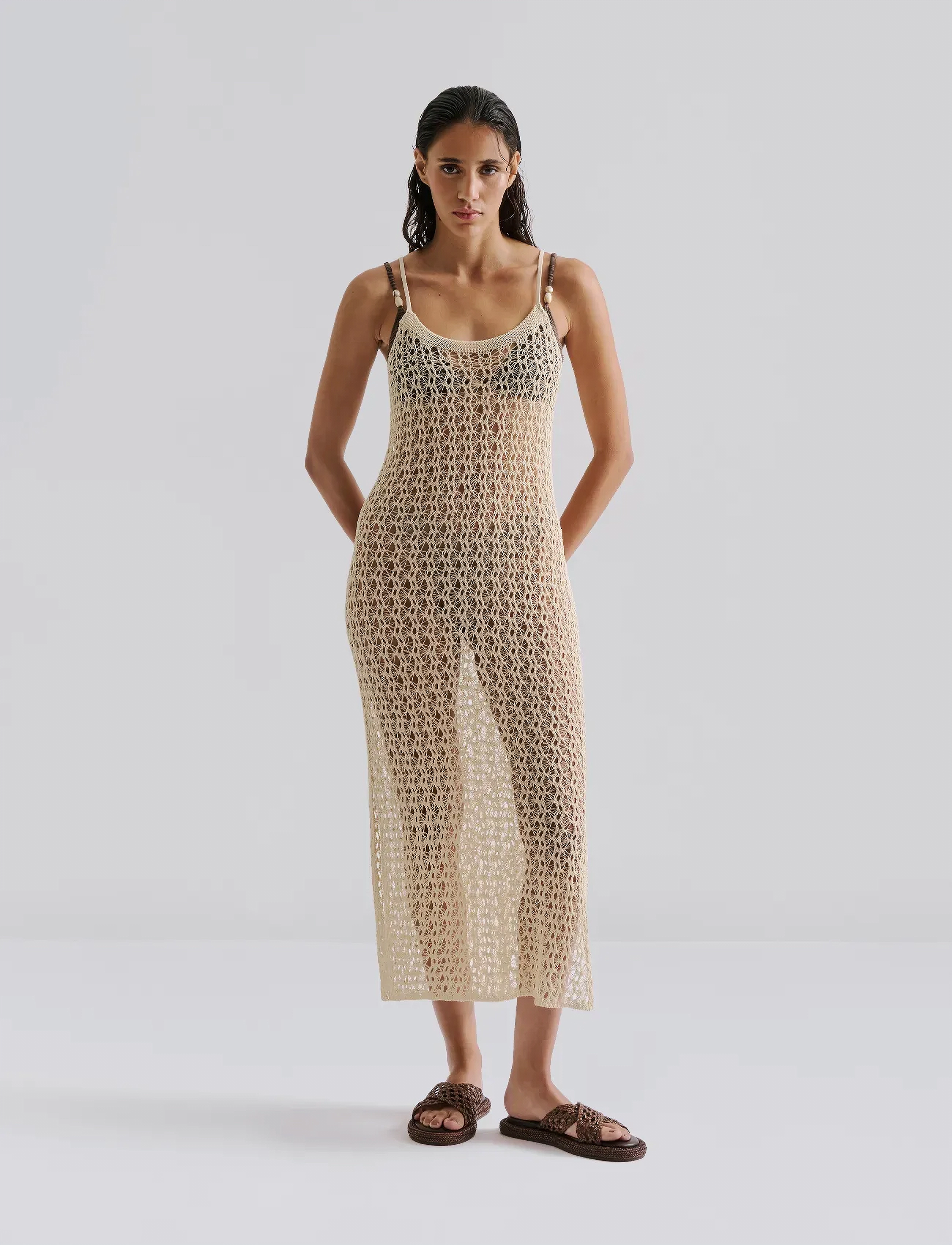 Malina Claudine Knitted Slip Beach Maxi Dress, Damen, Gestricktes Slip Strand Maxikleid, Beige, Gr.L