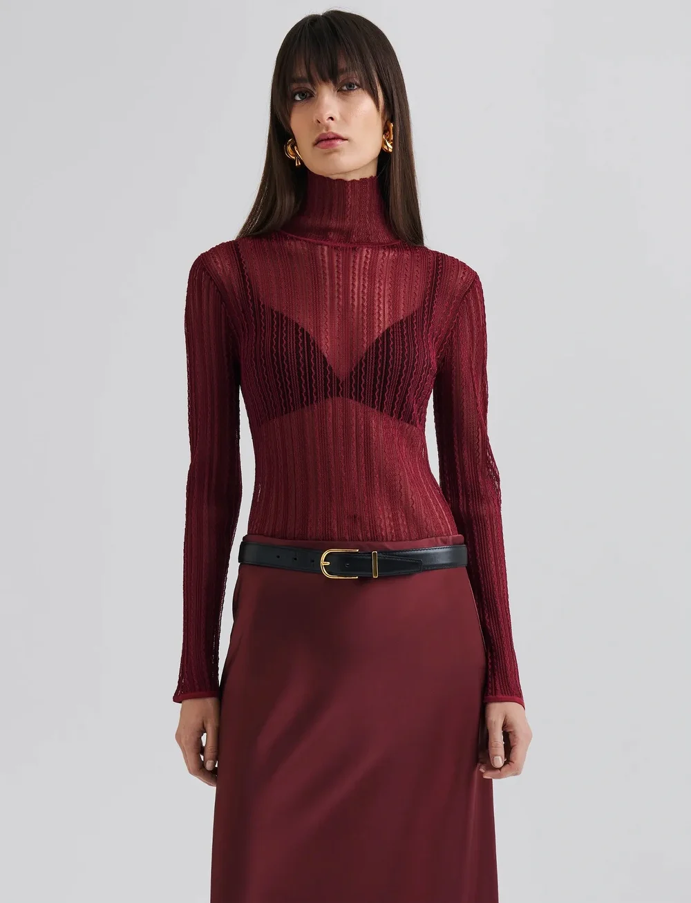 Malina - Zelie Sheer Knitted Turtleneck top - turtlenecks - wine - 0