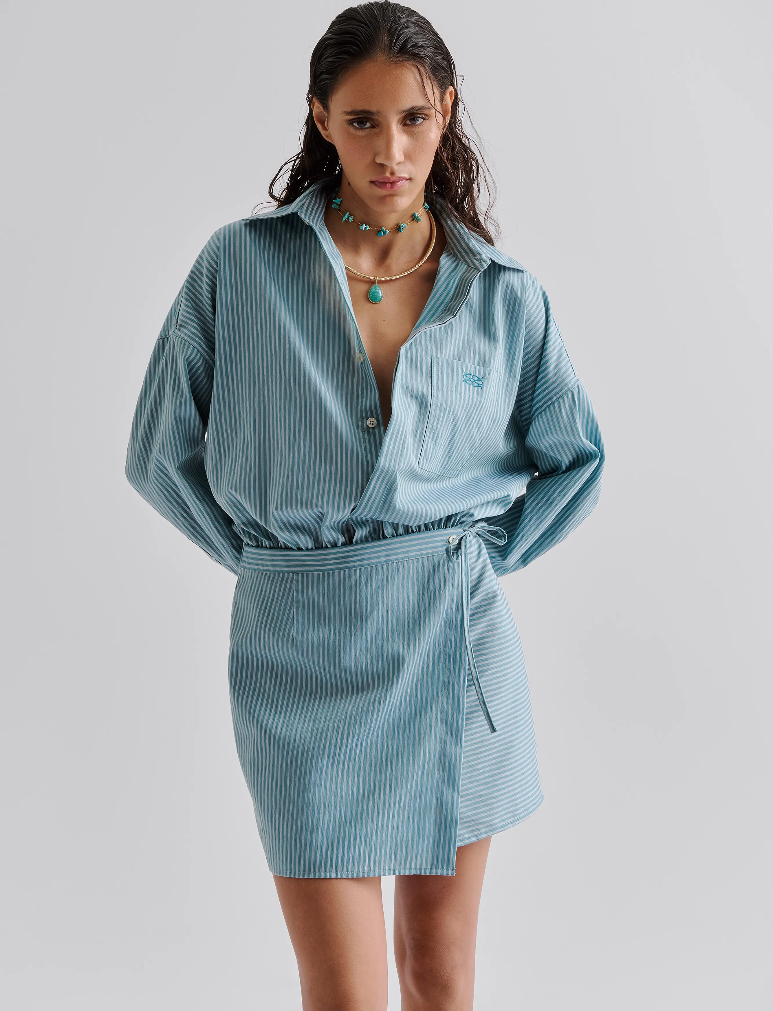 Malina - Portea Wrapped Shirt Dress - skjortklänningar - aqua stripe - 4