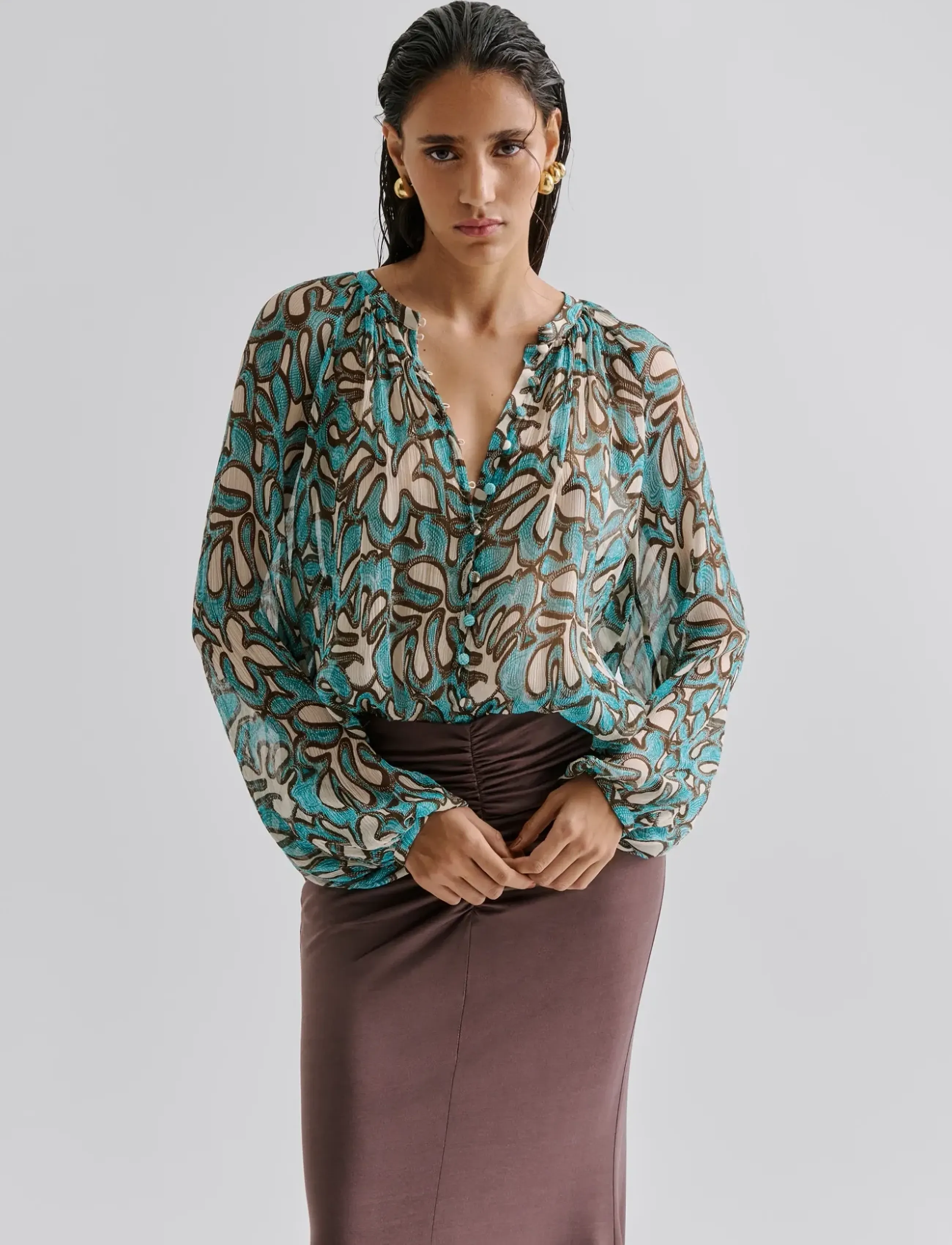 Malina Mareva Silk Chiffon Blouse, 36, Blouses, Grün - Long-sleeved, Frauen