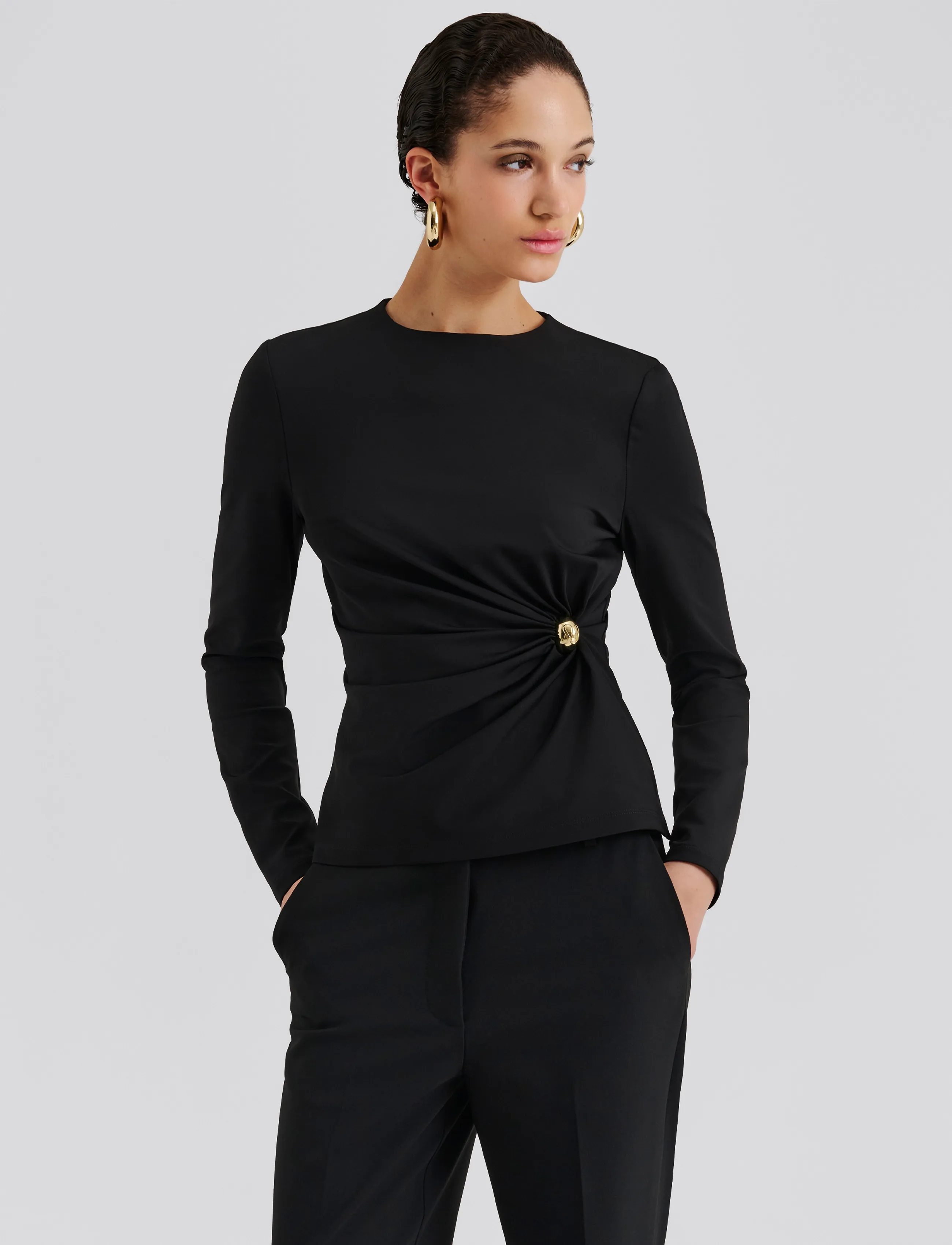 Malina - Mailey  Jersey Brooch Long Sleeve Top - herbstliche kleidung - black - 0