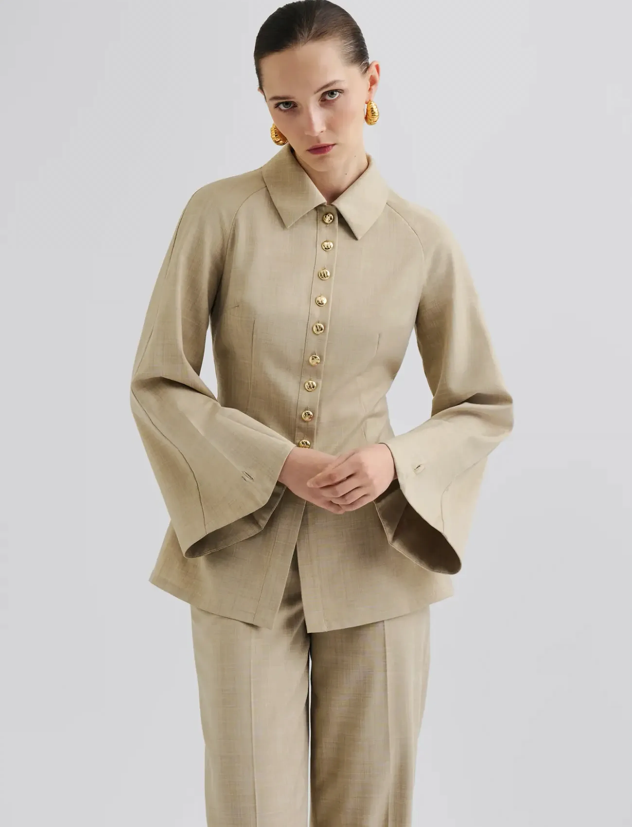 Malina Joan Tailored Fitted Button Shirt, 44, Shirts, Beige - Long-sleeved, Frauen