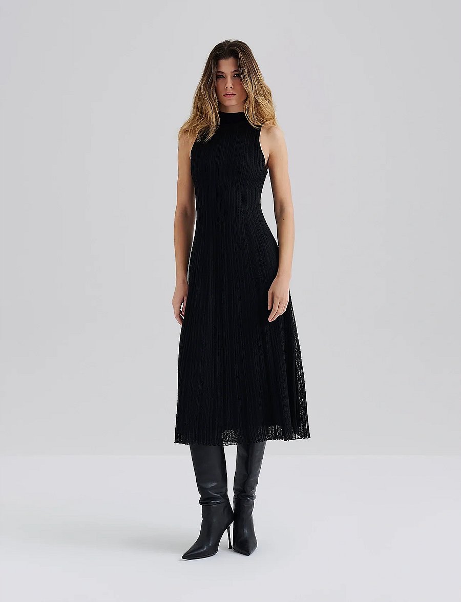 Malina - Nessa Halterneck Pointelle Knitted Midi dress - kootud kleidid - black - 0