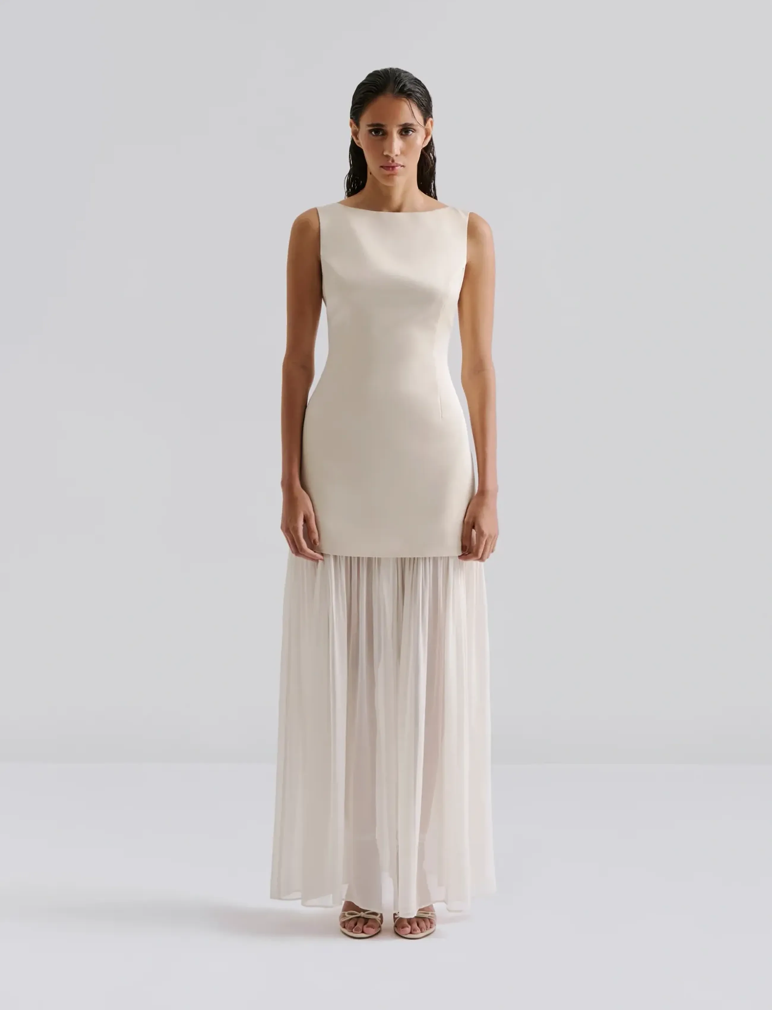 Malina Karla Dropped Waist Chiffon Maxi Dress, 46, Dresses, Creme - Frauen