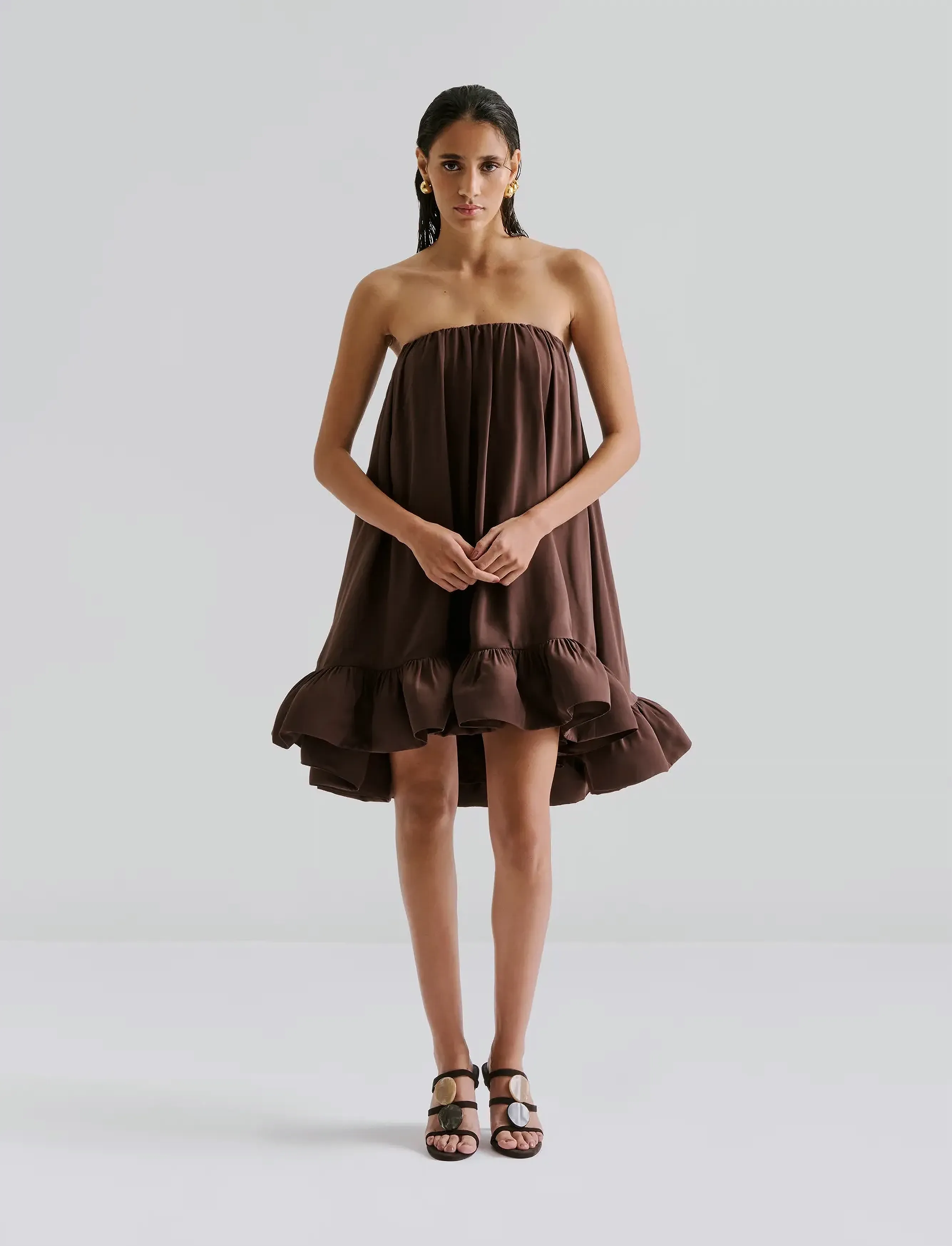 Malina Mikala Strapless Ruffled Mini Dress, 38, Dresses, Braun - Short Frauen