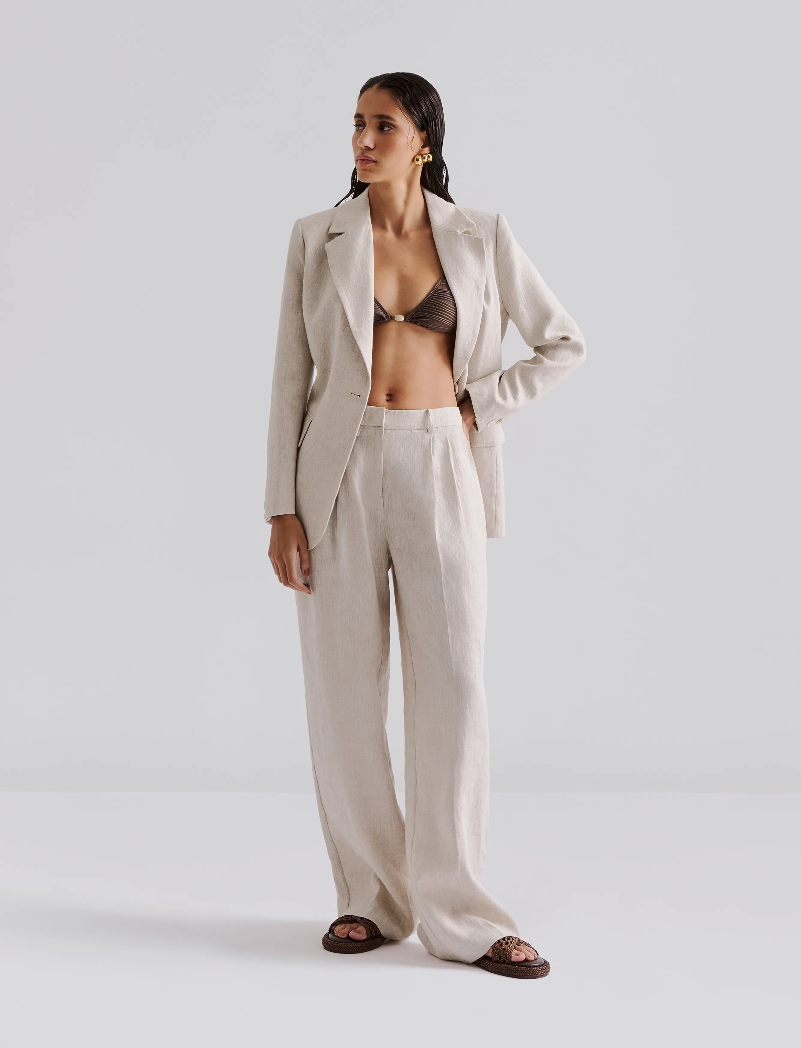 Malina Yana Tailored Wide Linen Pants, 44, Trousers, Beige - Frauen