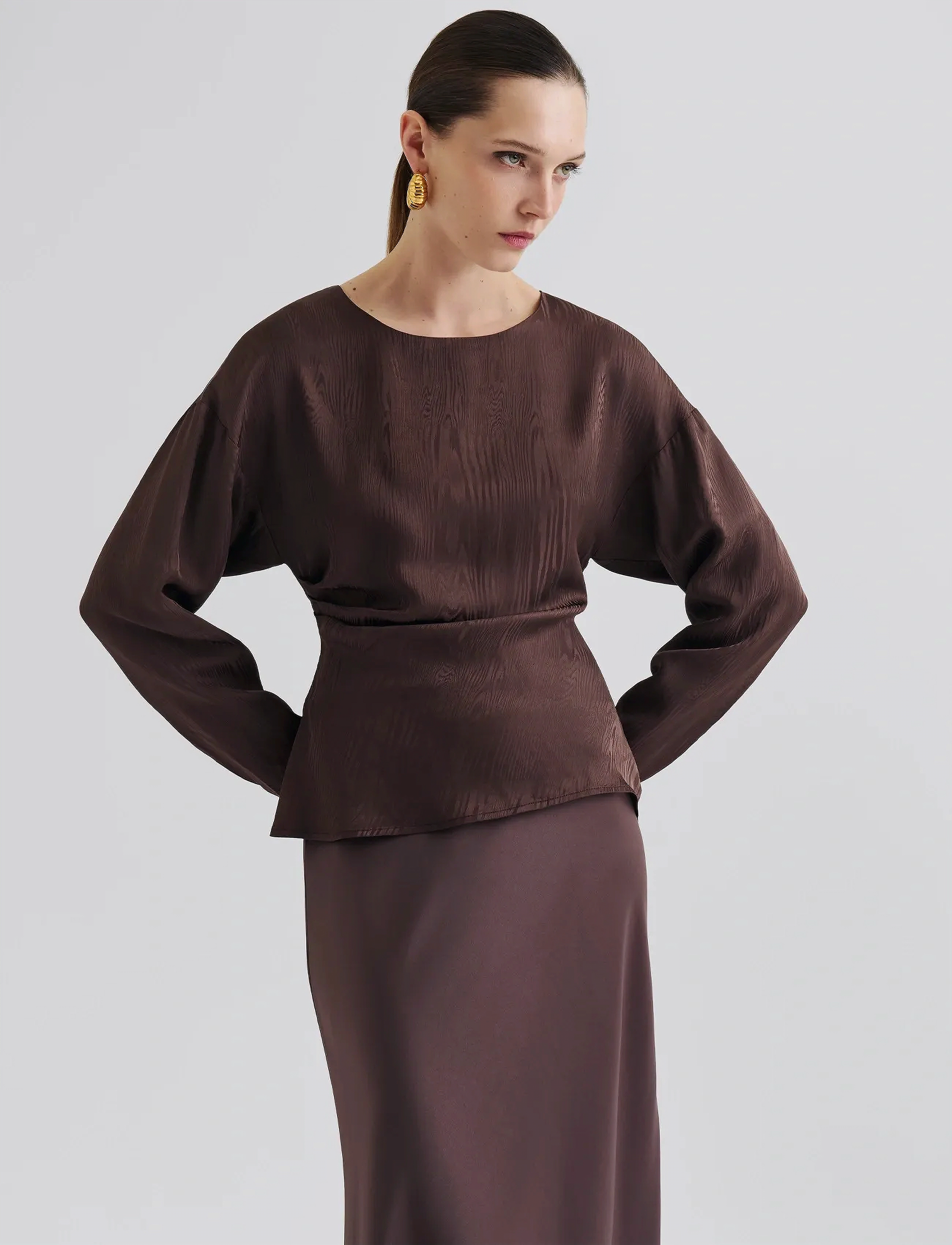 Malina Rosalie Jacquard Weave Satin Blouse, 42, Brown, Bluser > Langærmede, Dame