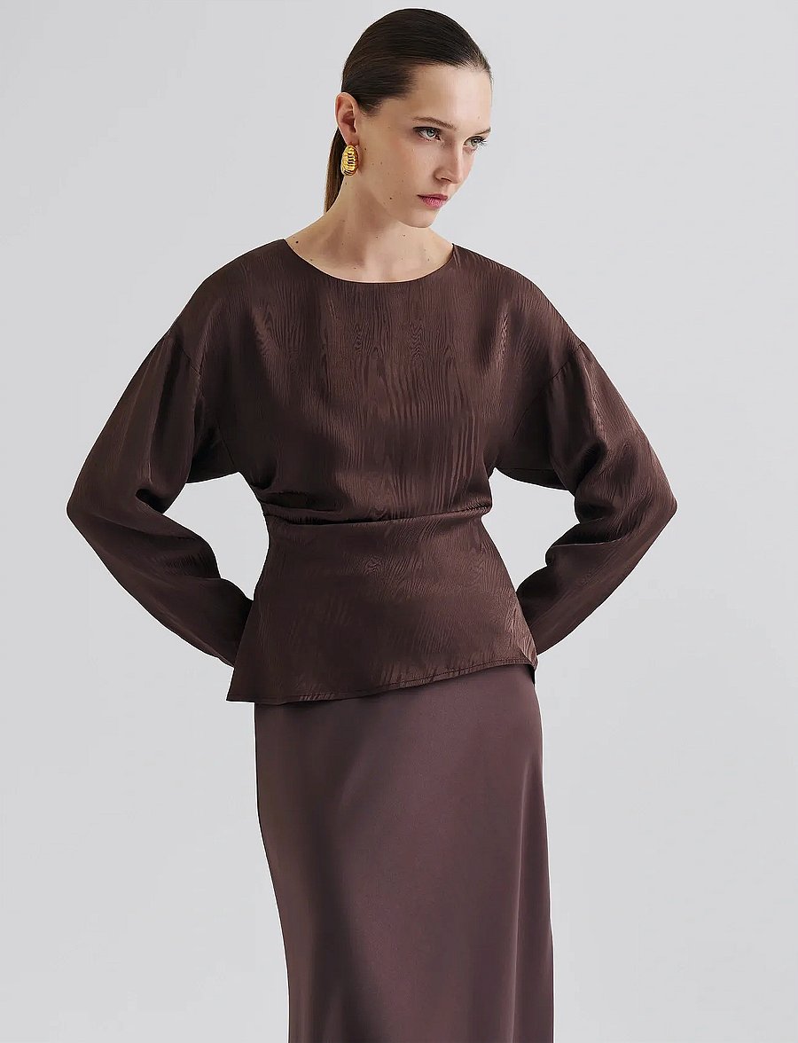 Malina - Rosalie Jacquard Weave Satin blouse - långärmade blusar - chocolate - 0