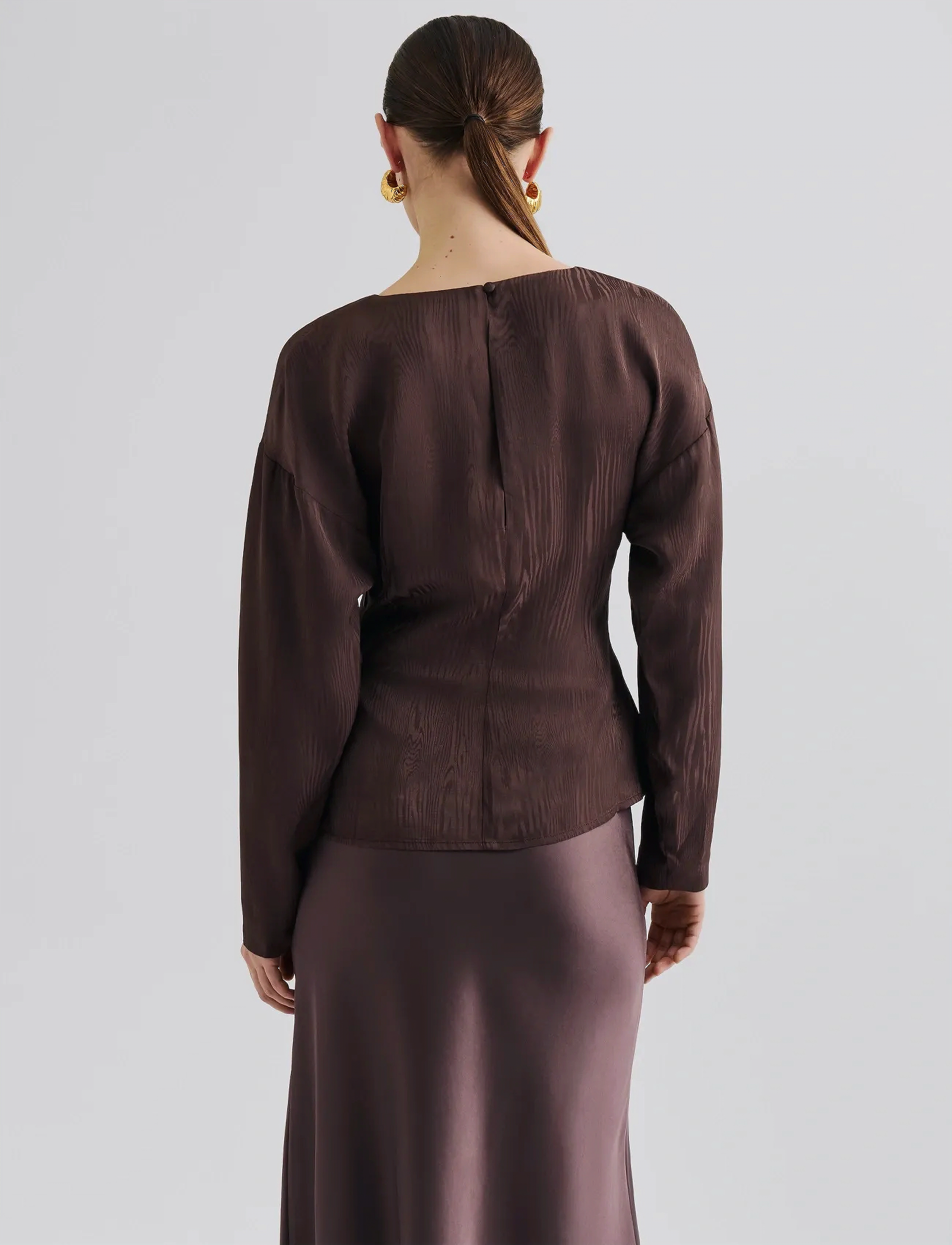 Malina - Rosalie Jacquard Weave Satin blouse - langärmlige blusen - chocolate - 3
