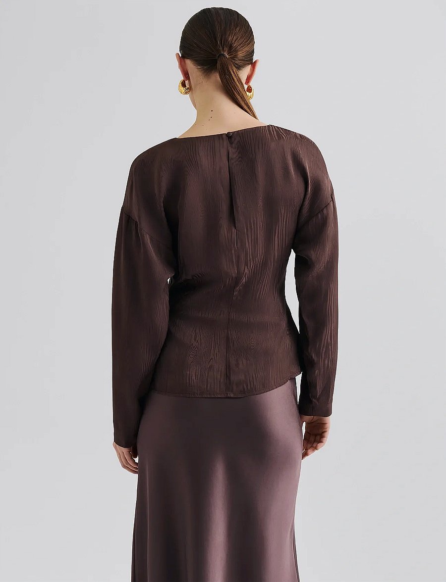 Malina - Rosalie Jacquard Weave Satin blouse - långärmade blusar - chocolate - 3
