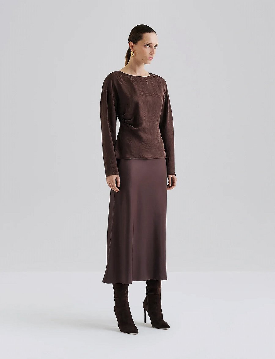 Malina - Rosalie Jacquard Weave Satin blouse - långärmade blusar - chocolate - 5