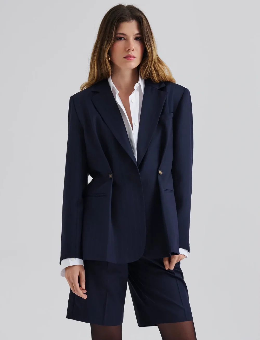 Malina - Illiana Fitted Button Detailed Wool Blend blazer - enkeltradede blazere - dark blue pinstripe - 0