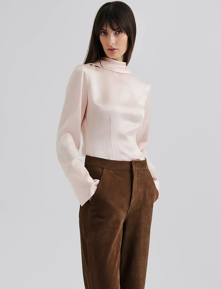 Malina - Celene Tie Detailed Satin blouse - langærmede bluser - light pink stripe - 0