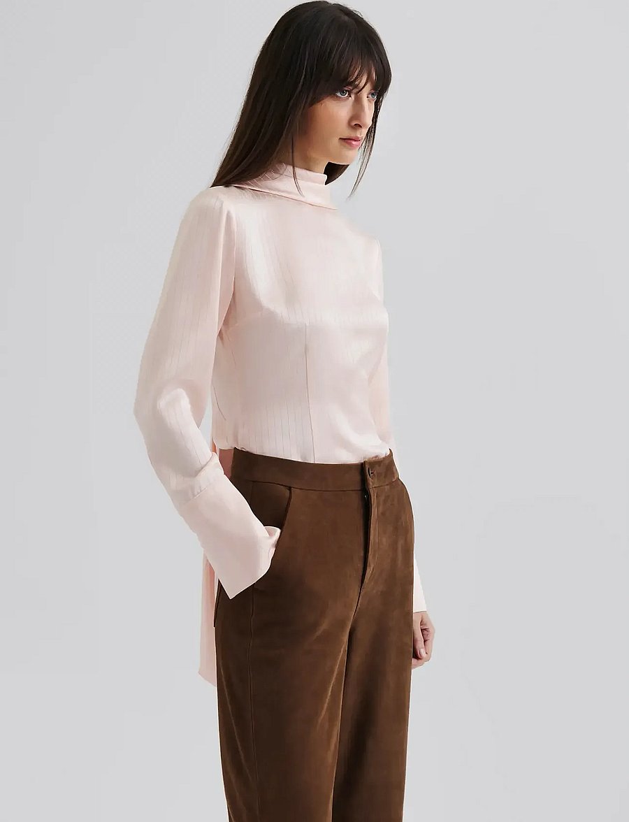Malina - Celene Tie Detailed Satin blouse - langærmede bluser - light pink stripe - 2