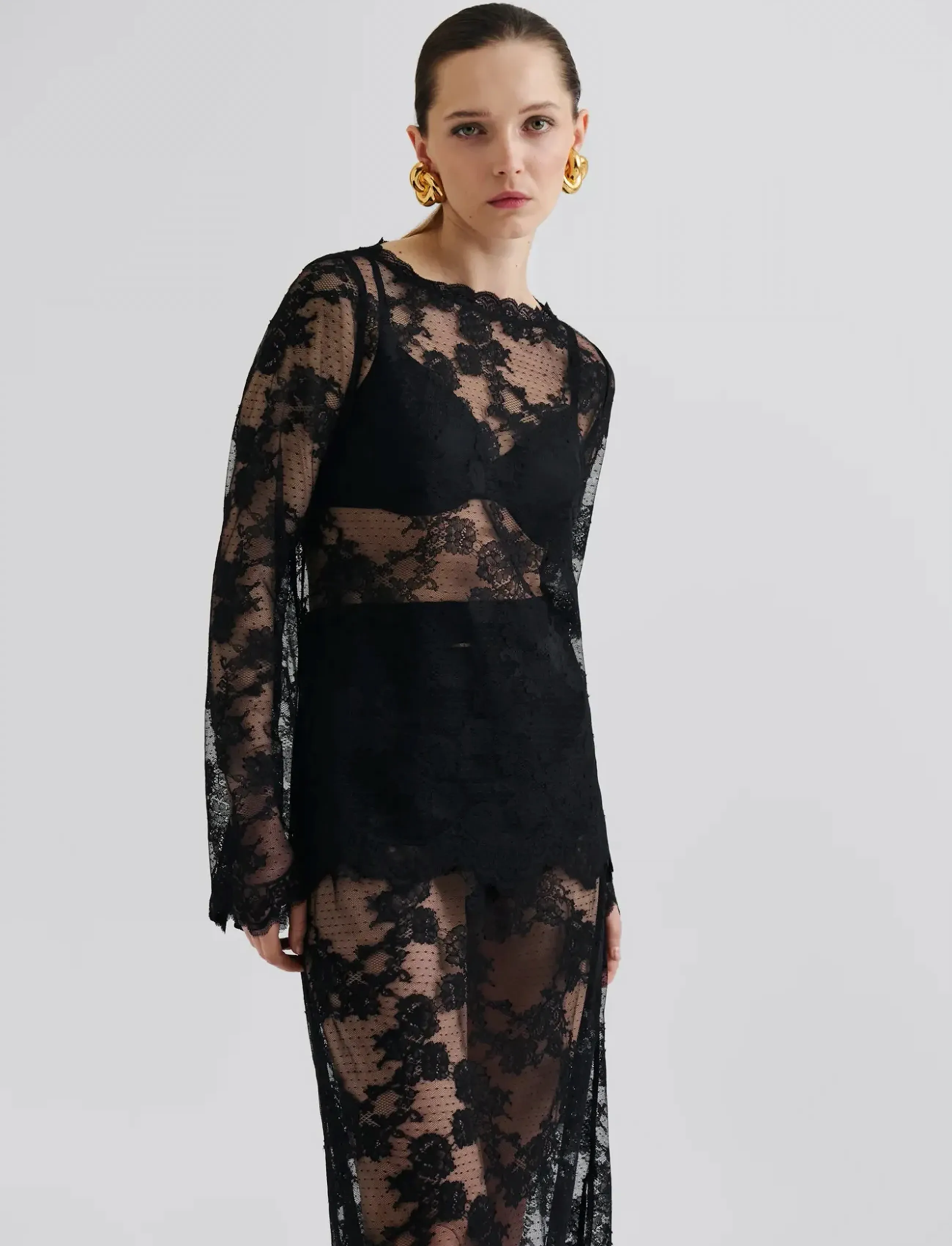 Malina Leni Sheer Lace Top, 44, Black, Bluser > Langærmede, Dame