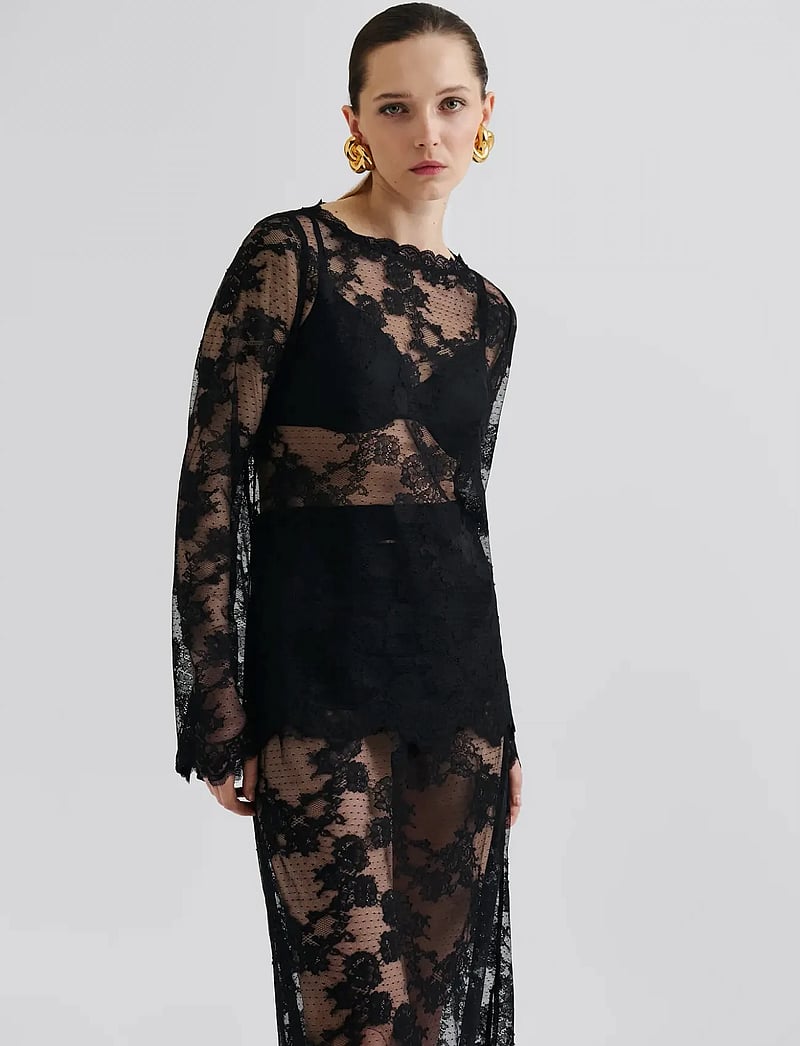 Malina - Leni Sheer Lace top - long sleeved blouses - black - 0