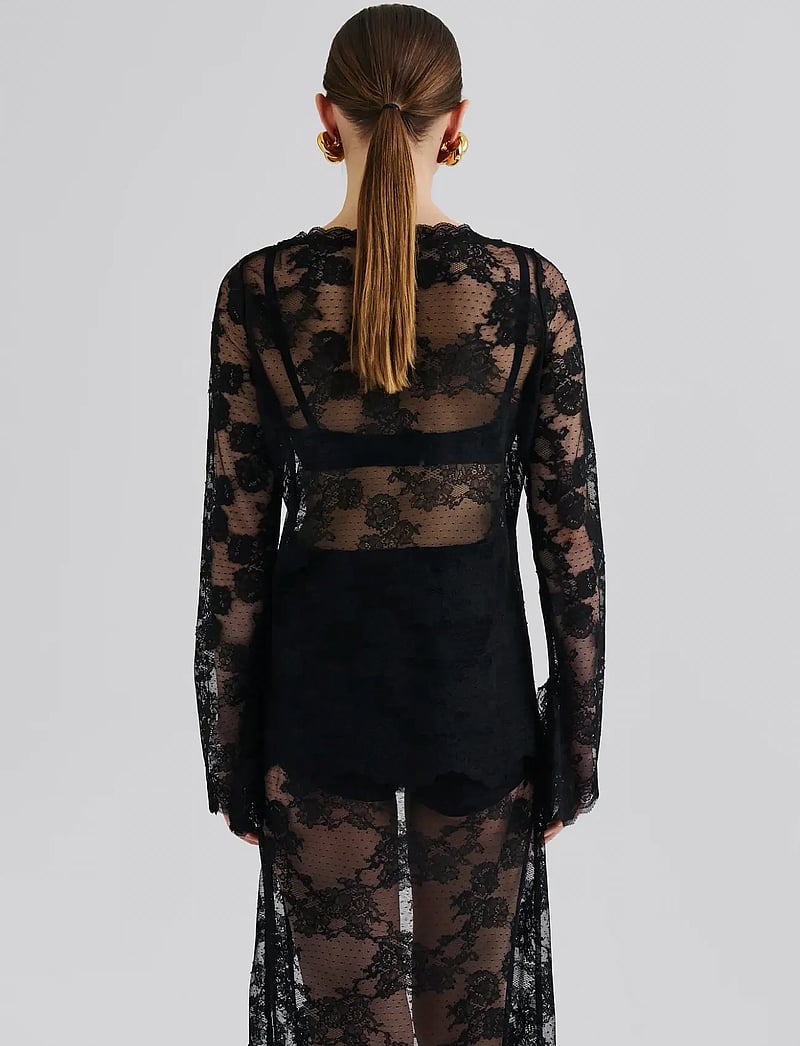 Malina - Leni Sheer Lace top - long sleeved blouses - black - 2