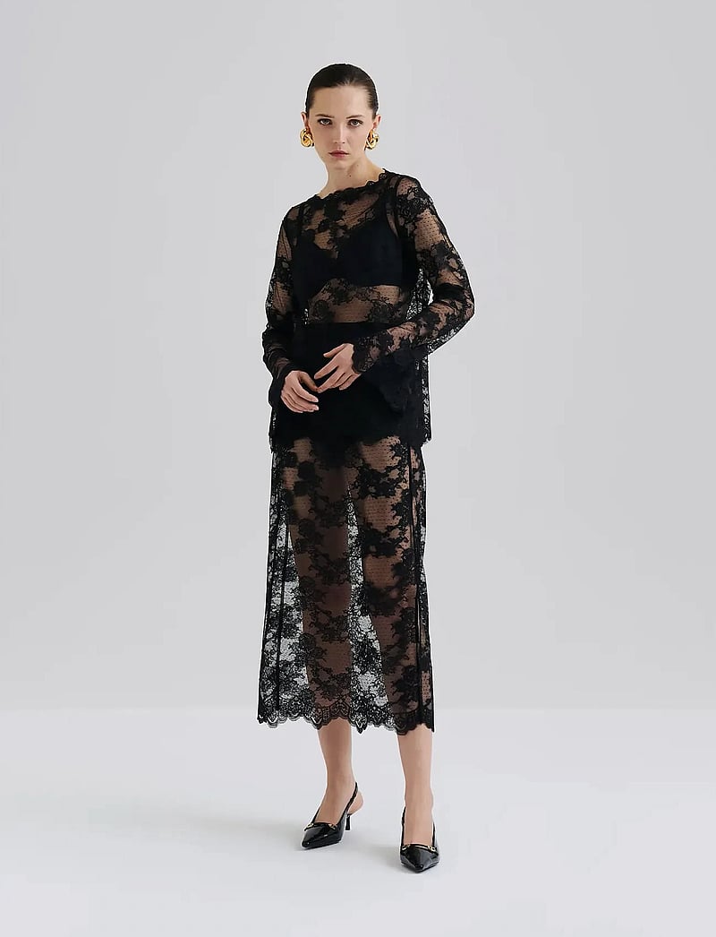 Malina - Leni Sheer Lace top - long sleeved blouses - black - 3
