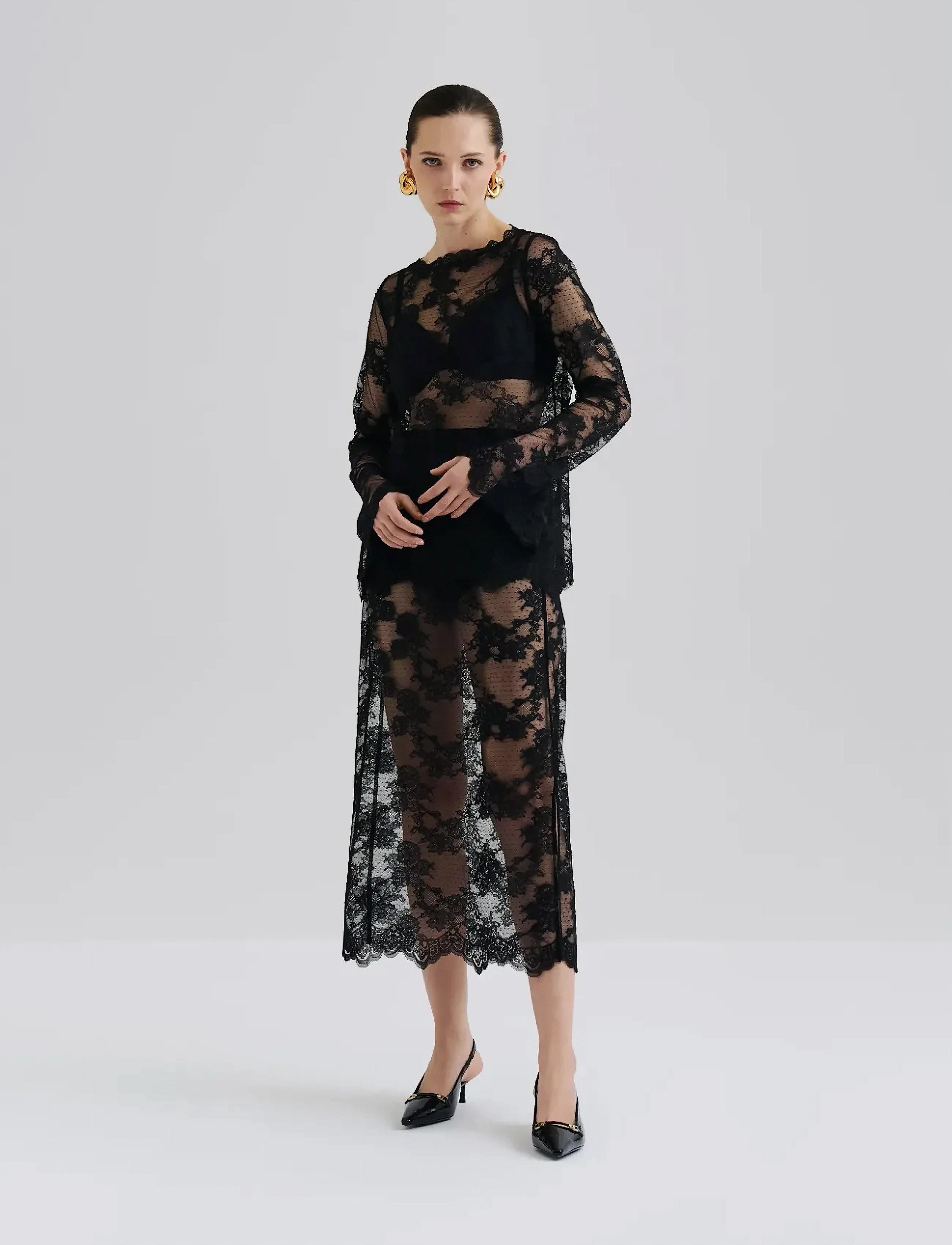 Malina - Leni Sheer Lace top - langærmede bluser - black - 3