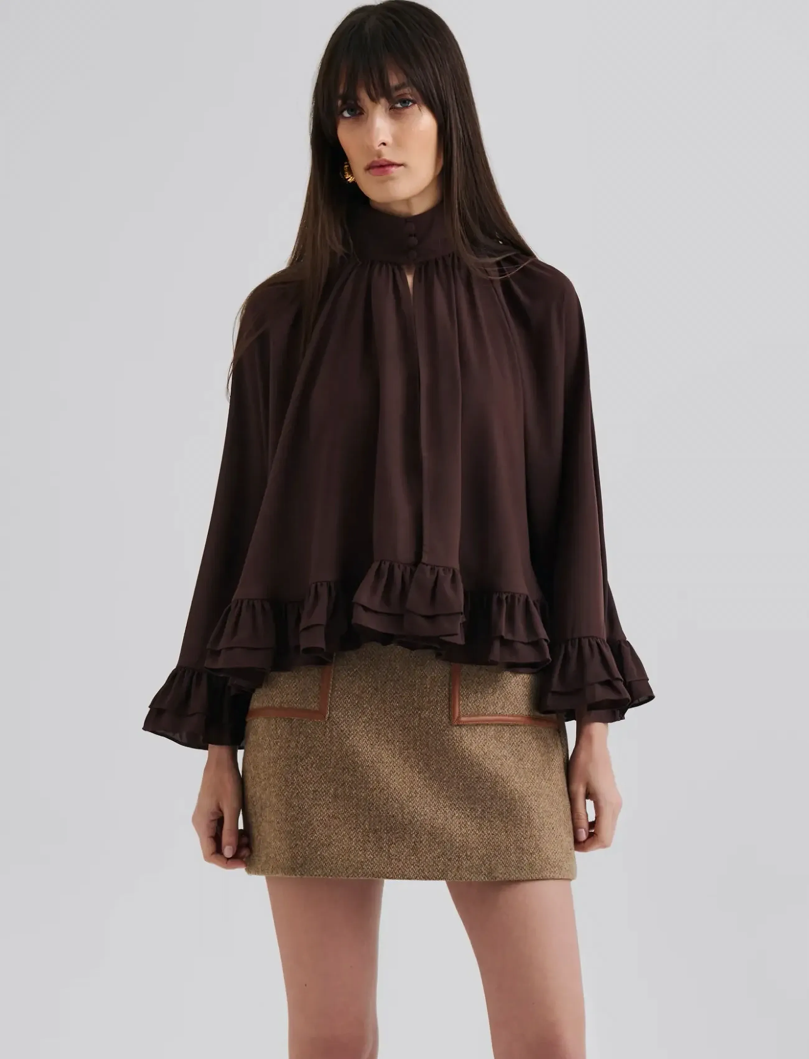 Malina - Esti Chiffon Cape Blouse - långärmade blusar - chocolate - 4
