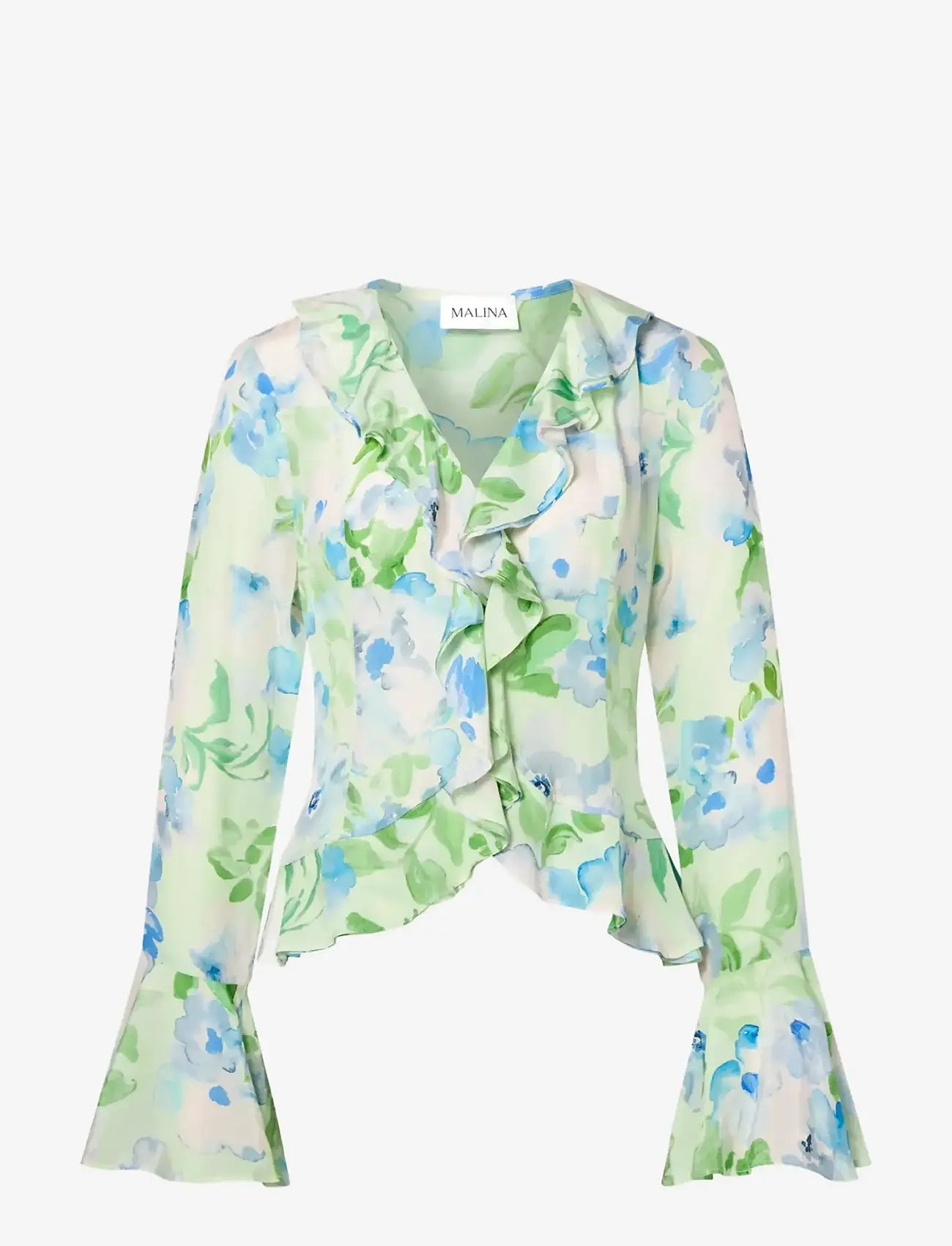 Malina - Suzie Sheer Frill Blouse - langærmede bluser - pastel floral pistachio - 1