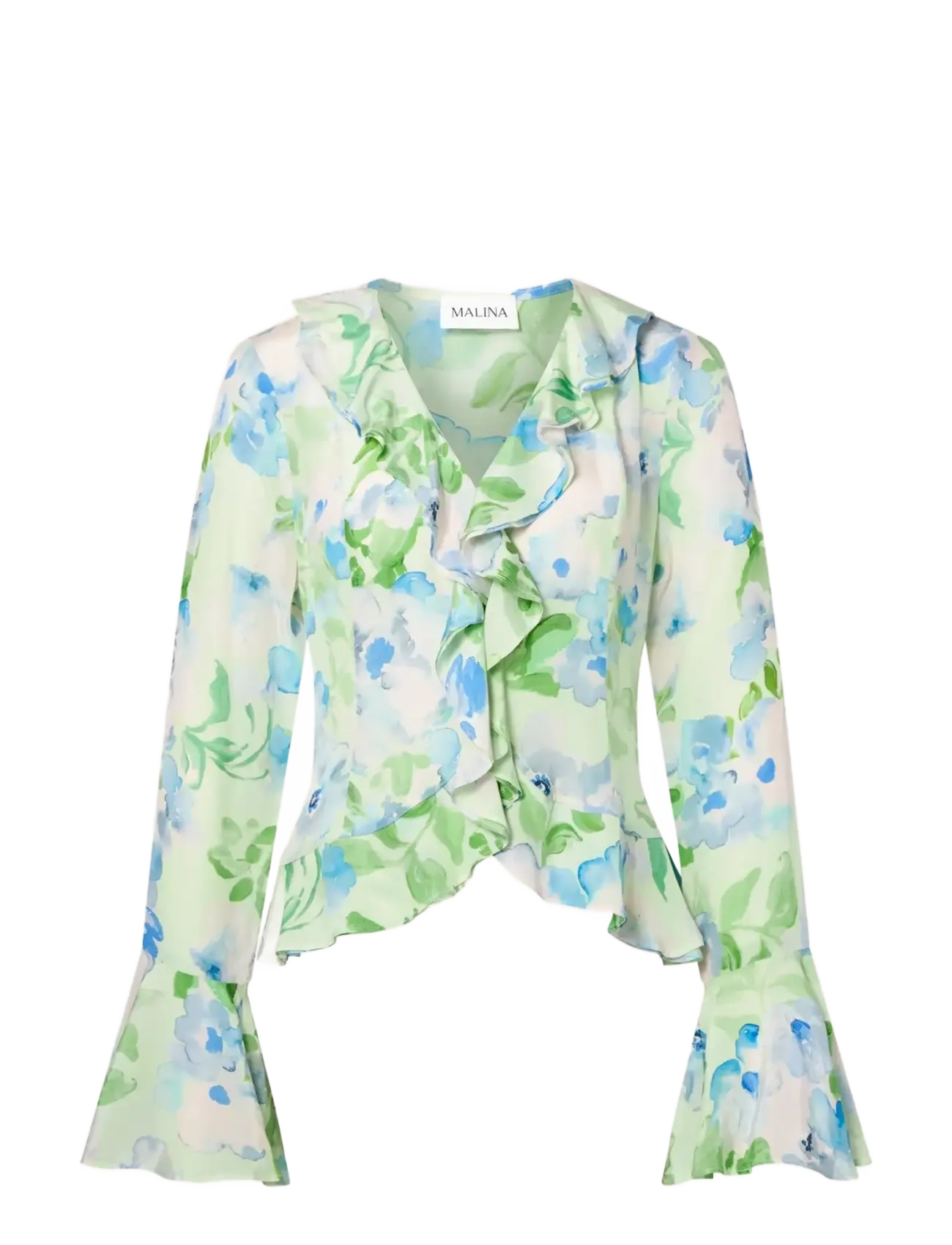 Malina - Suzie Sheer Frill Blouse - long sleeved blouses - pastel floral pistachio - 1