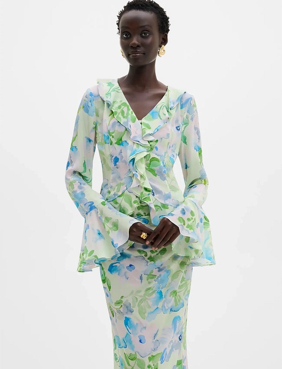 Malina - Suzie Sheer Frill Blouse - long sleeved blouses - pastel floral pistachio - 0