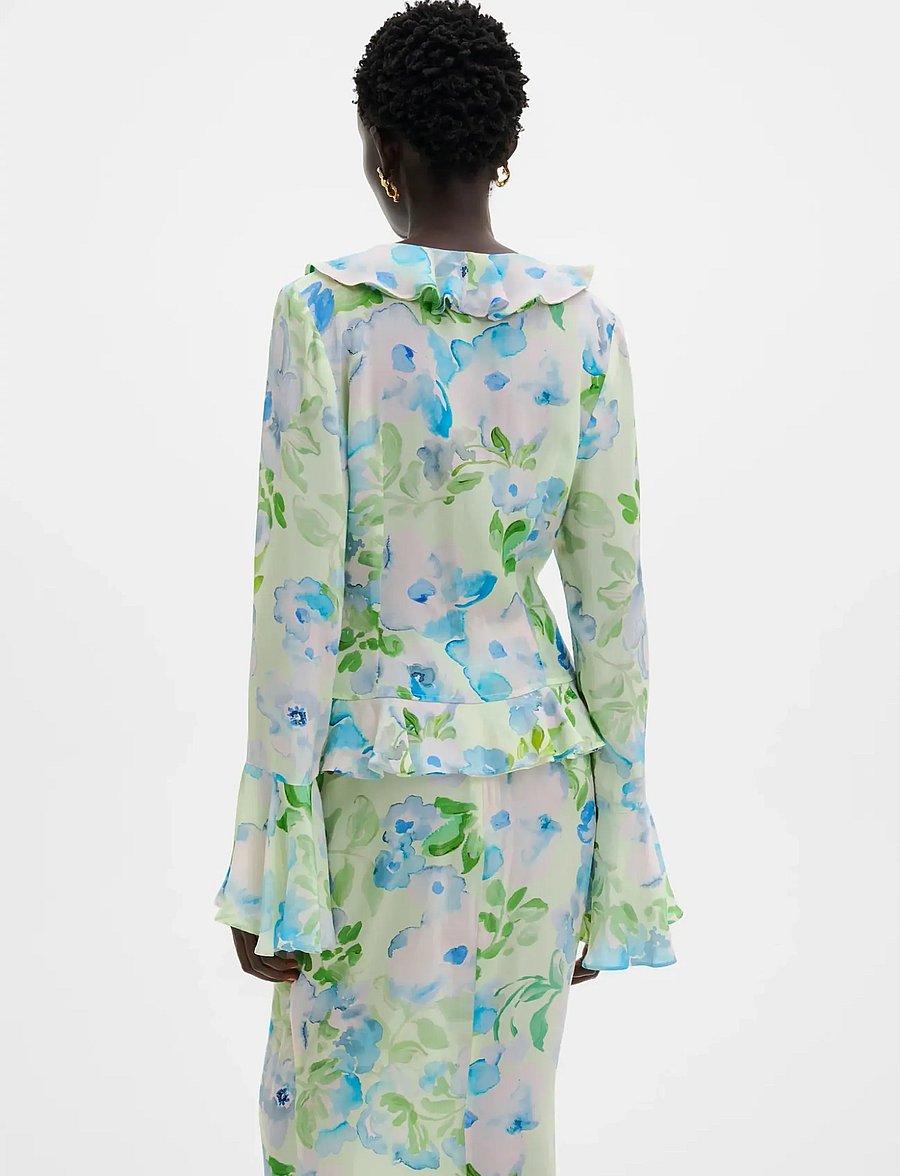 Malina - Suzie Sheer Frill Blouse - long sleeved blouses - pastel floral pistachio - 2