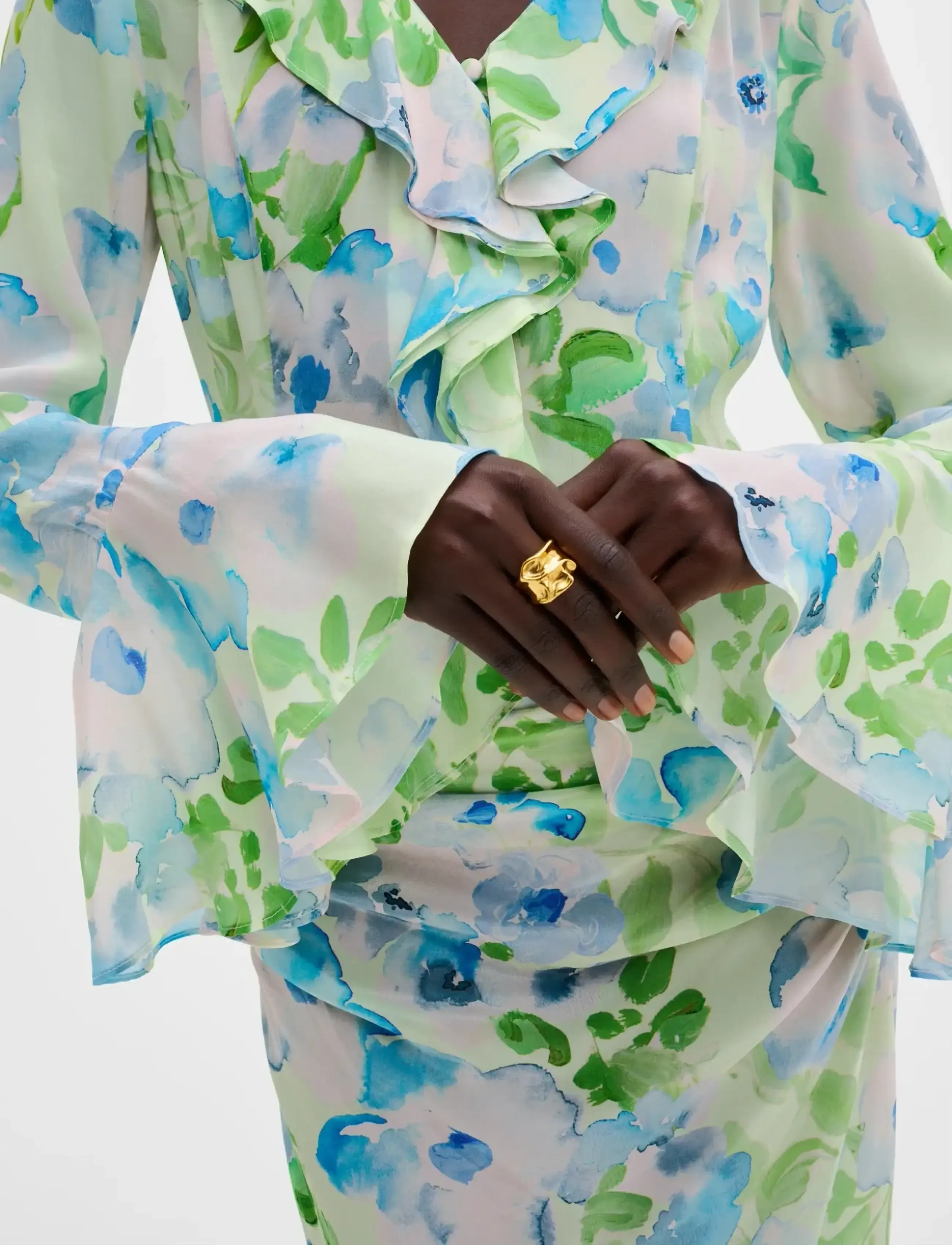 Malina - Suzie Sheer Frill Blouse - long sleeved blouses - pastel floral pistachio - 3