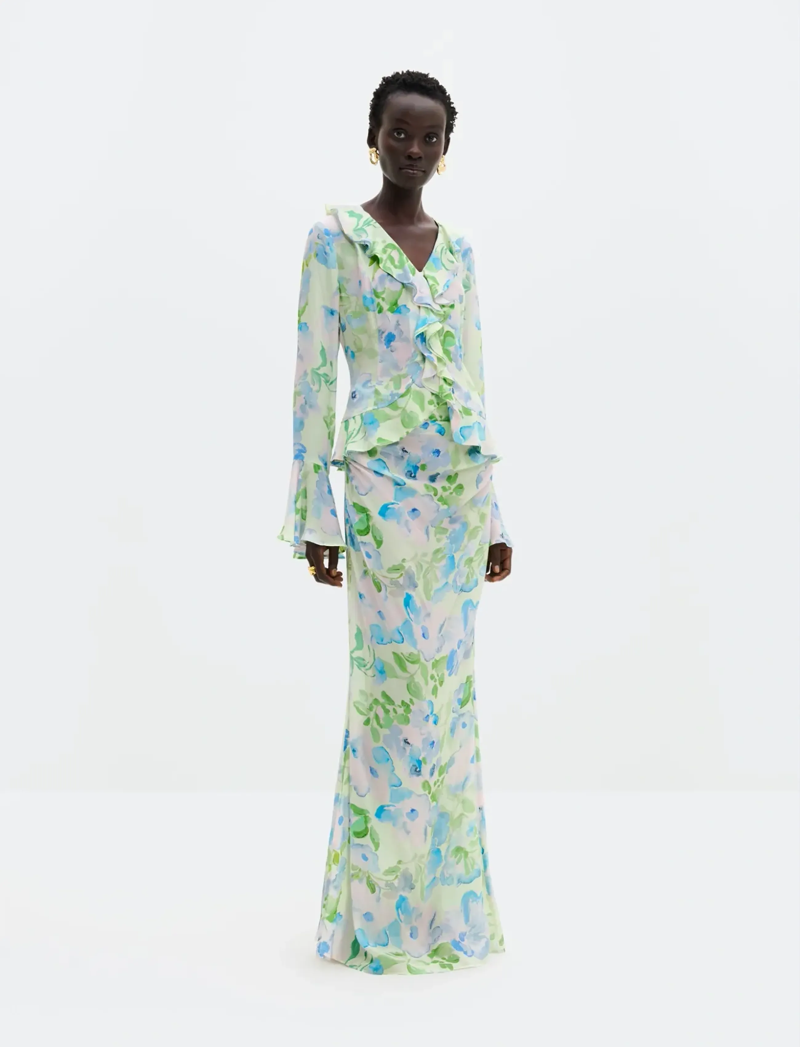 Malina - Suzie Sheer Frill Blouse - long sleeved blouses - pastel floral pistachio - 4