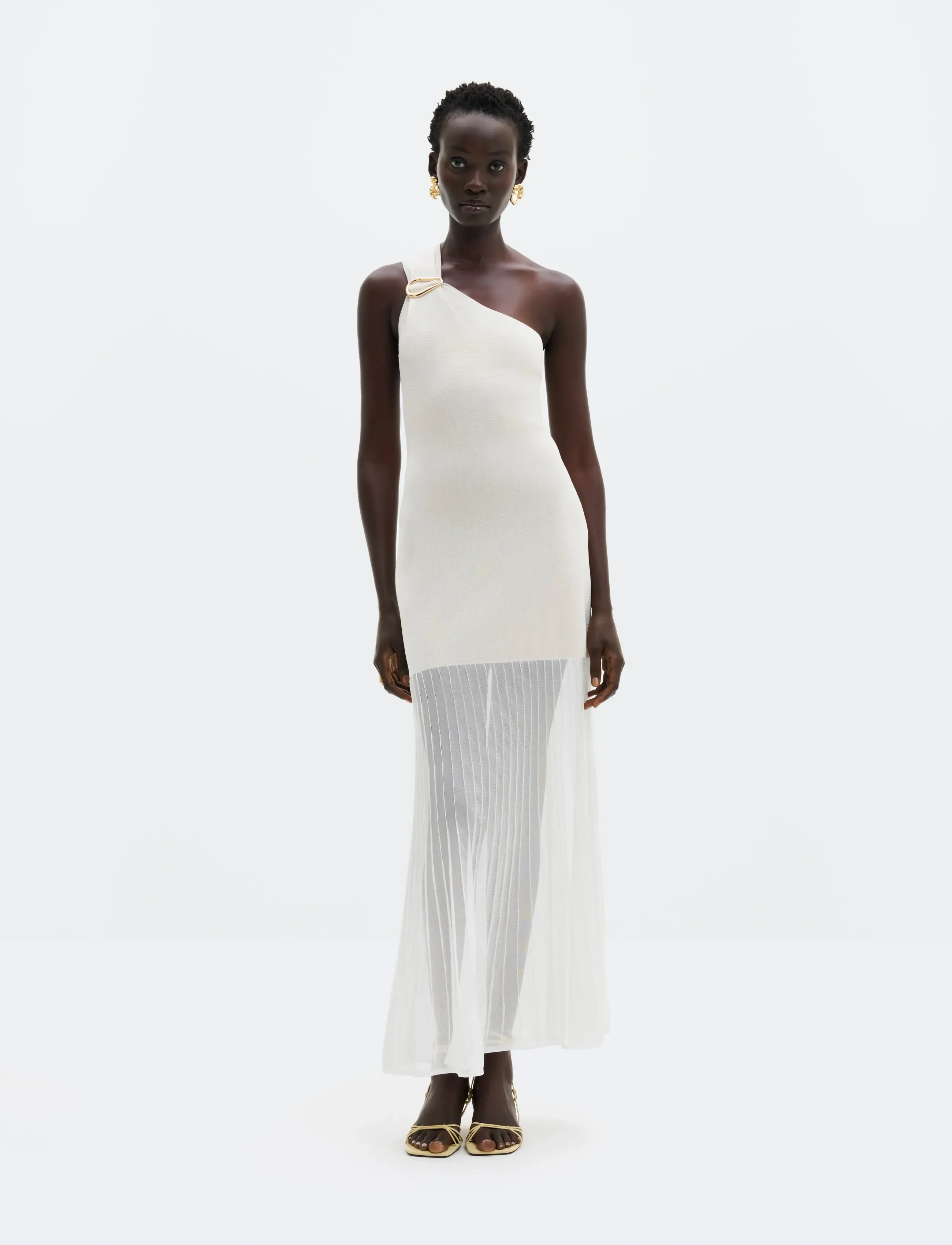 Malina Solenza One Shoulder Sheer Knitted Maxi Dress, L, Dresses, Creme - Frauen