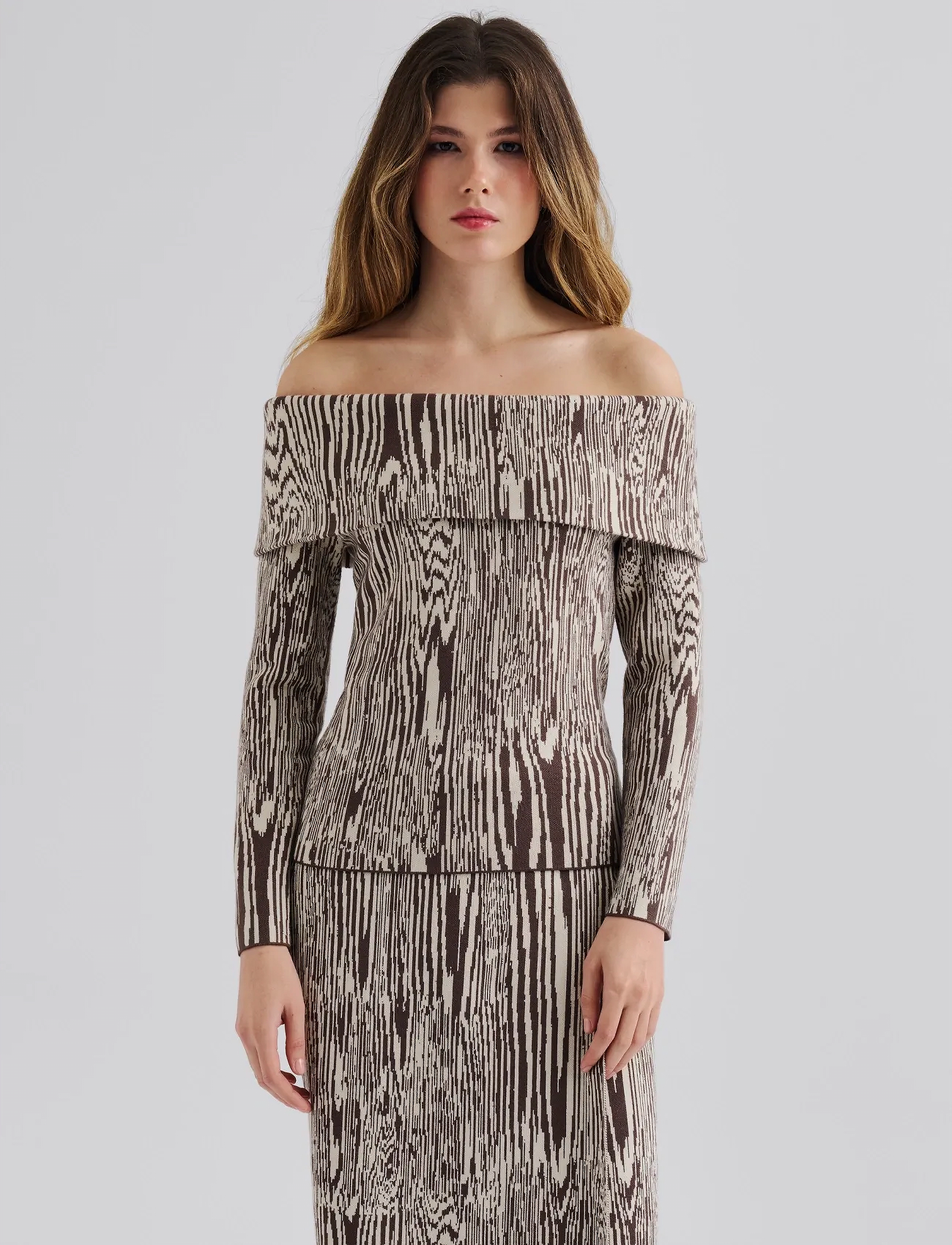 Malina Cirella Knitted Off Shoulder Top, Kvinder, Strikket Off Shoulder Top, Brun, Str: S