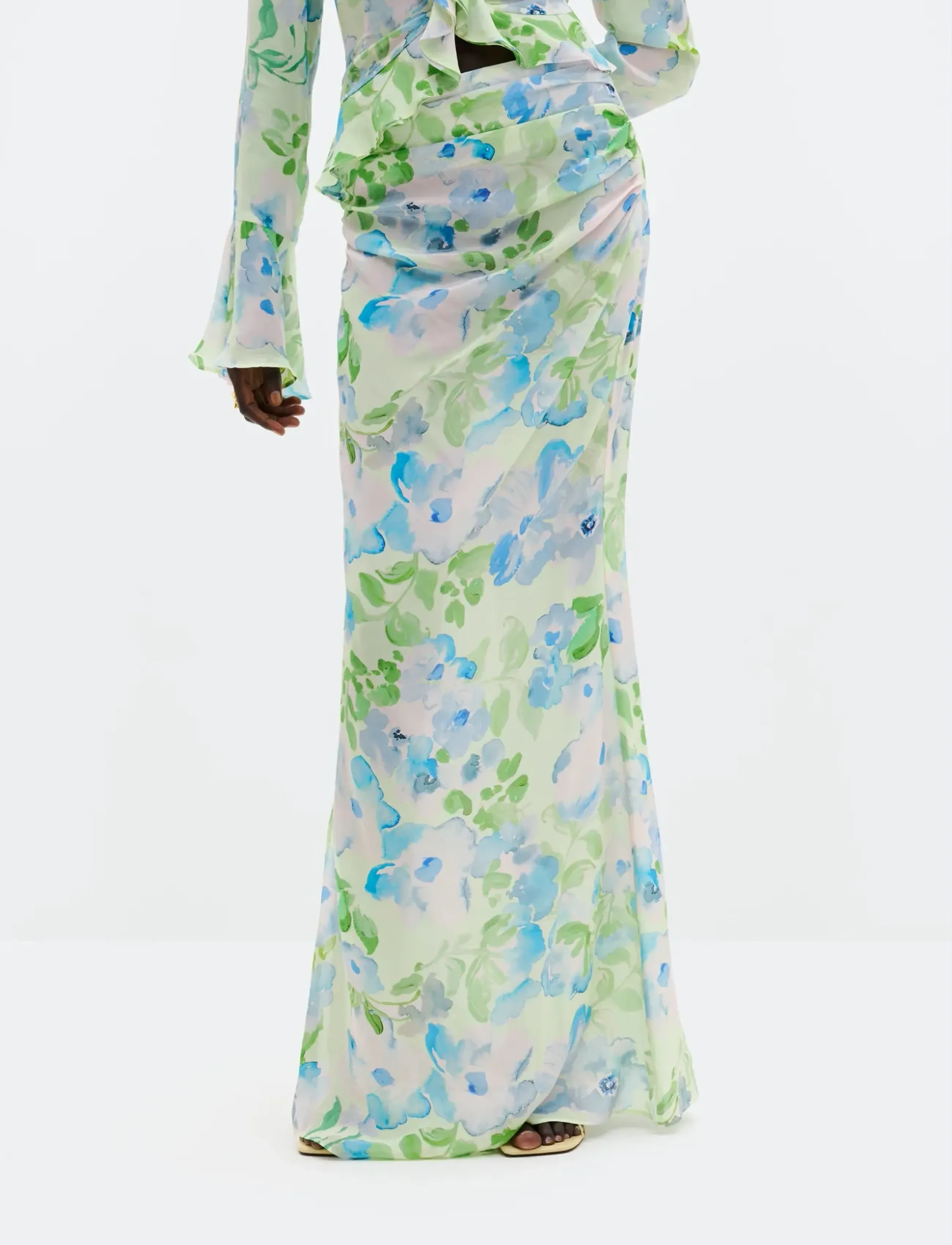 Malina Laurel Ruched Chiffon Maxi Skirt - Malina - PASTEL FLORAL PISTACHIO / green