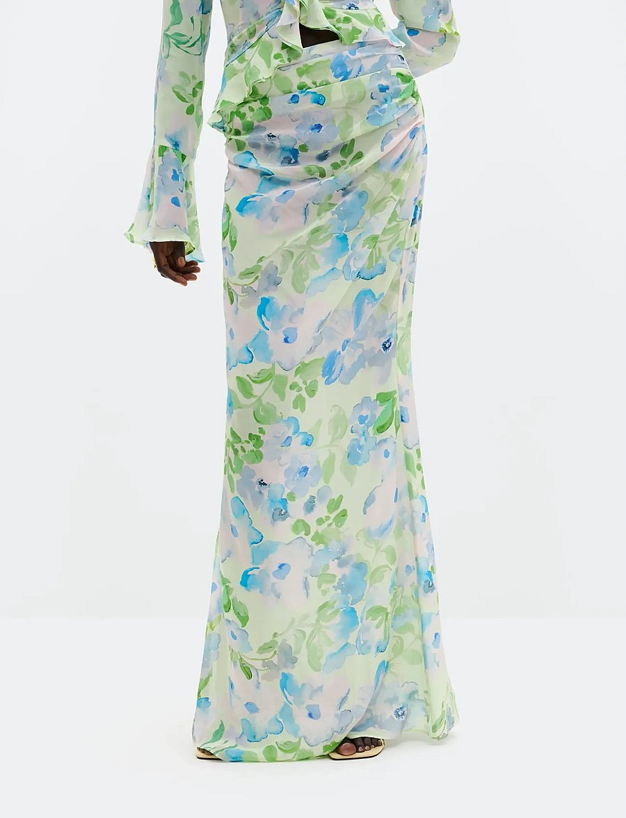 Malina - Laurel Ruched Chiffon Maxi Skirt - maxi skirts - pastel floral pistachio - 0
